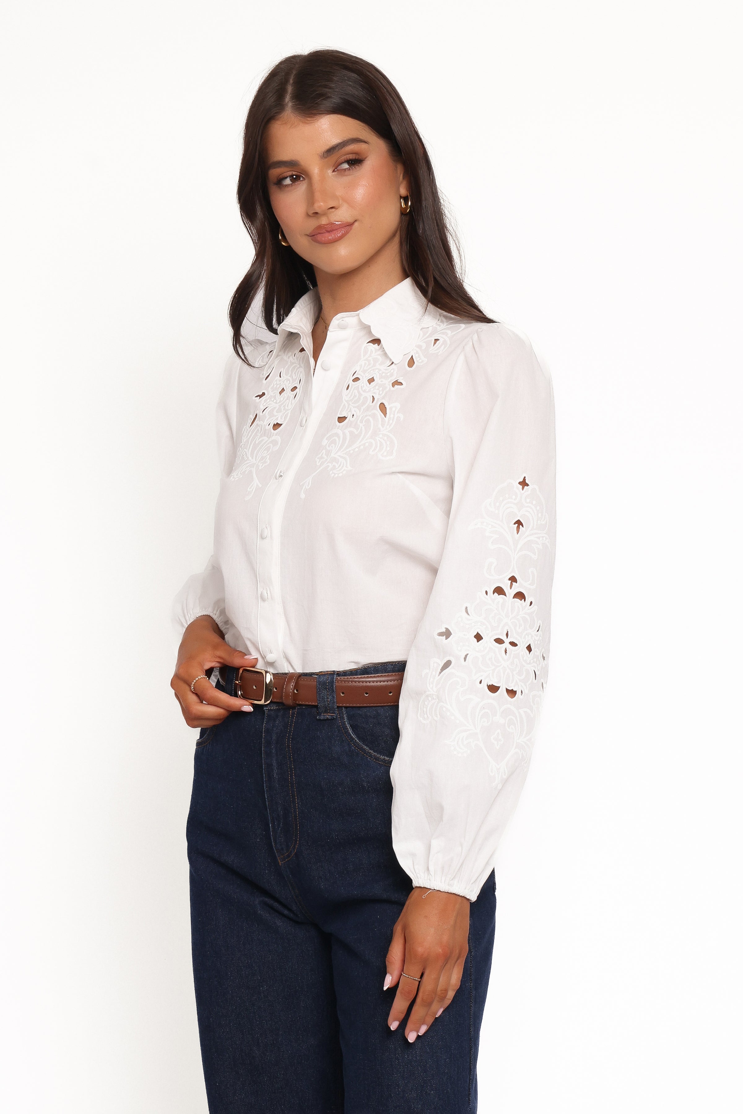 Aeloria Button Front Shirt - White Embroidery