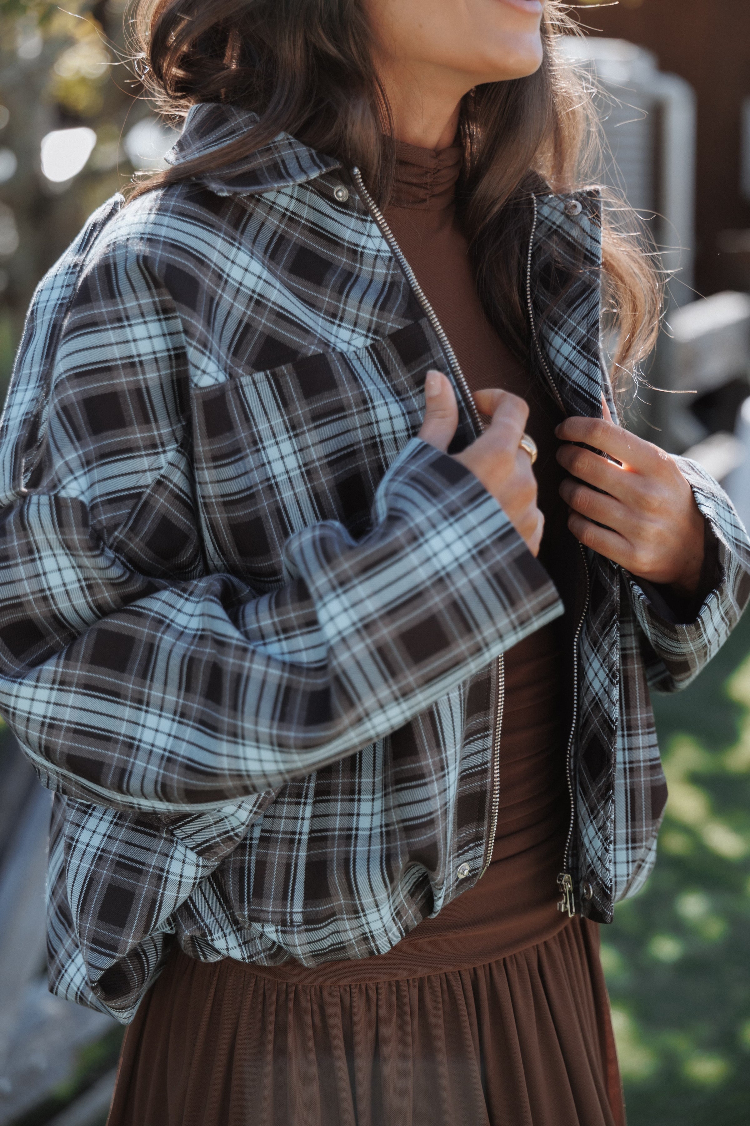 Bindy Bomber - Choc/Blue Plaid