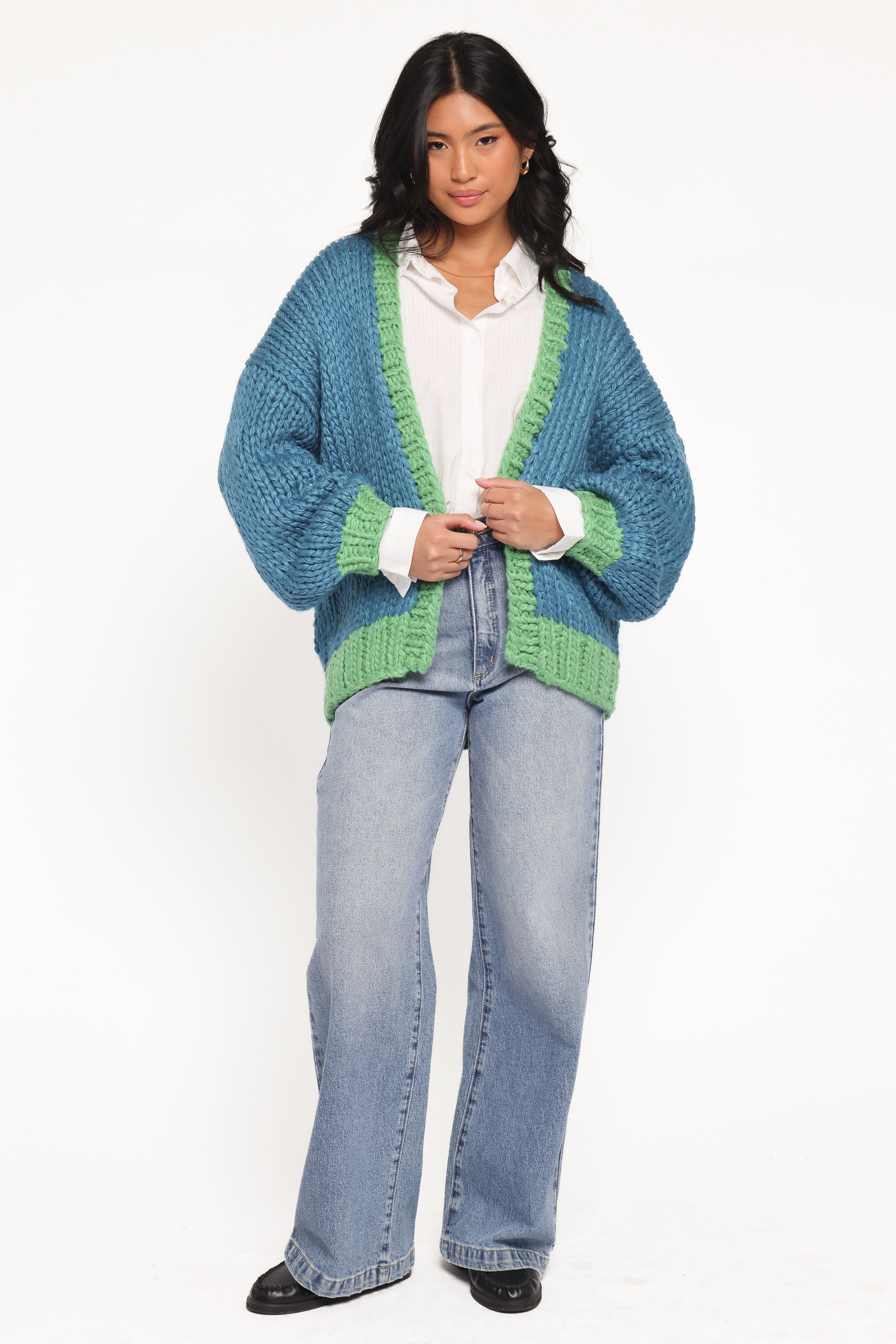 Anige Contrast Trim Cardigan - Blue/Green
