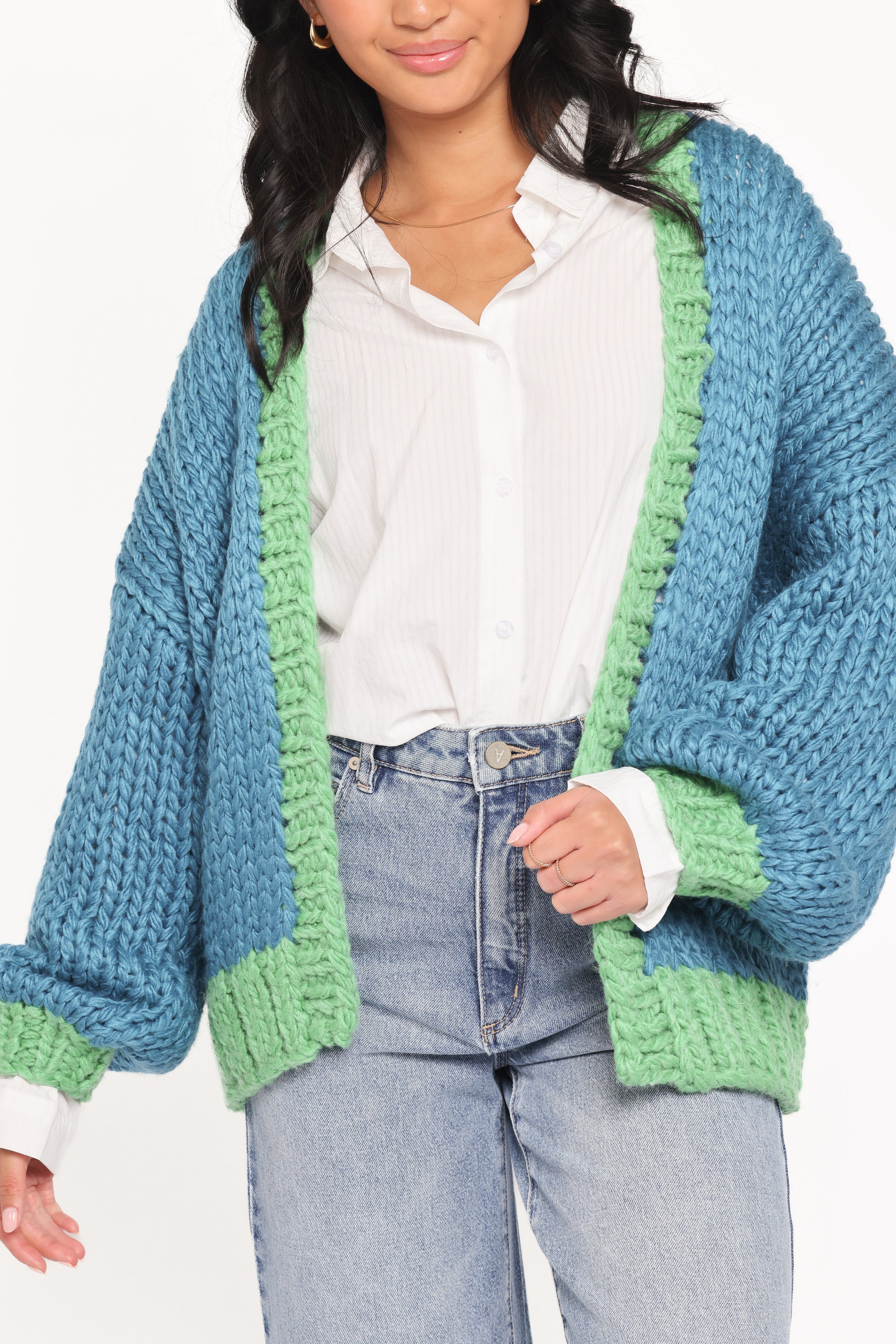 Anige Contrast Trim Cardigan - Blue/Green
