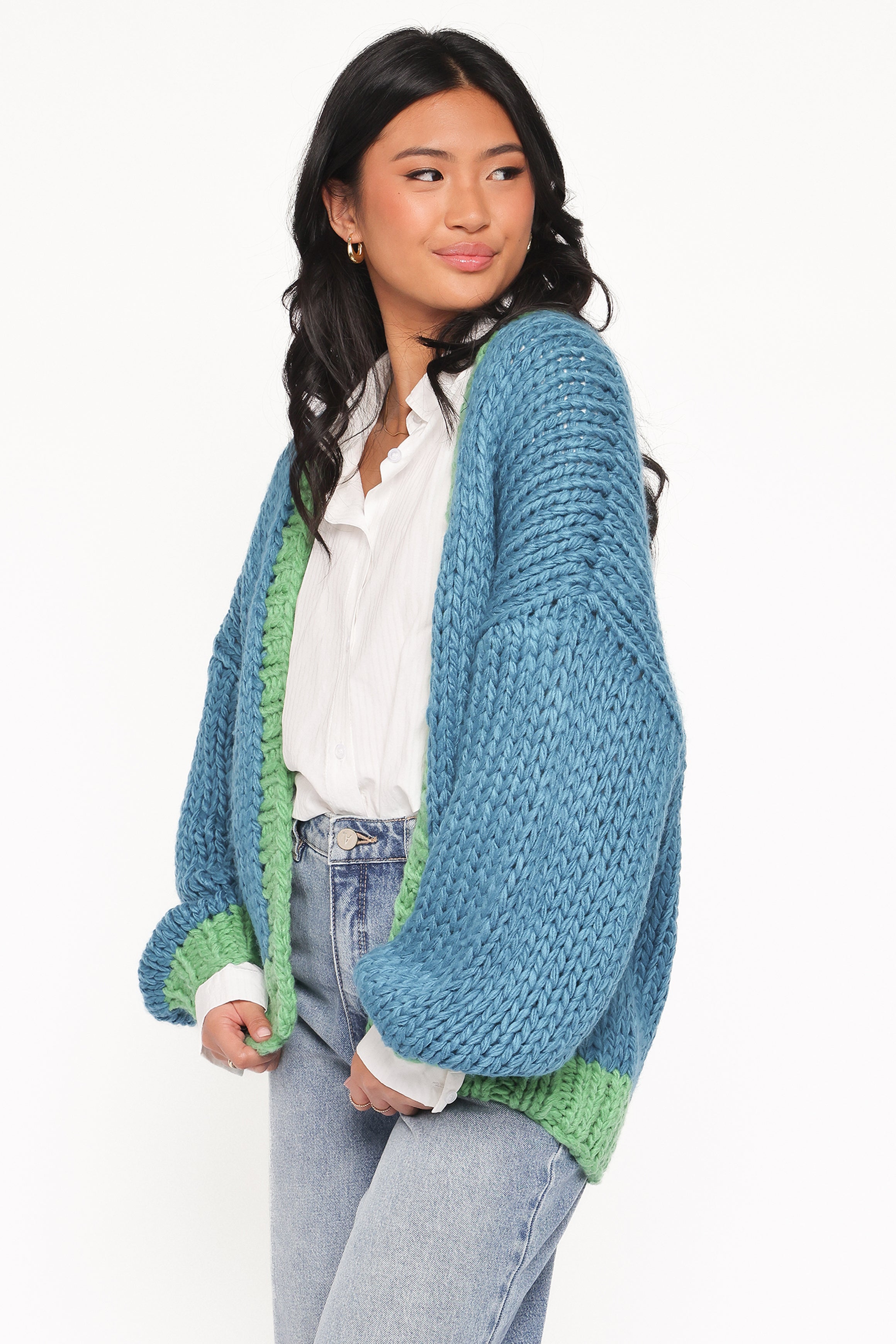 Anige Contrast Trim Cardigan - Blue/Green