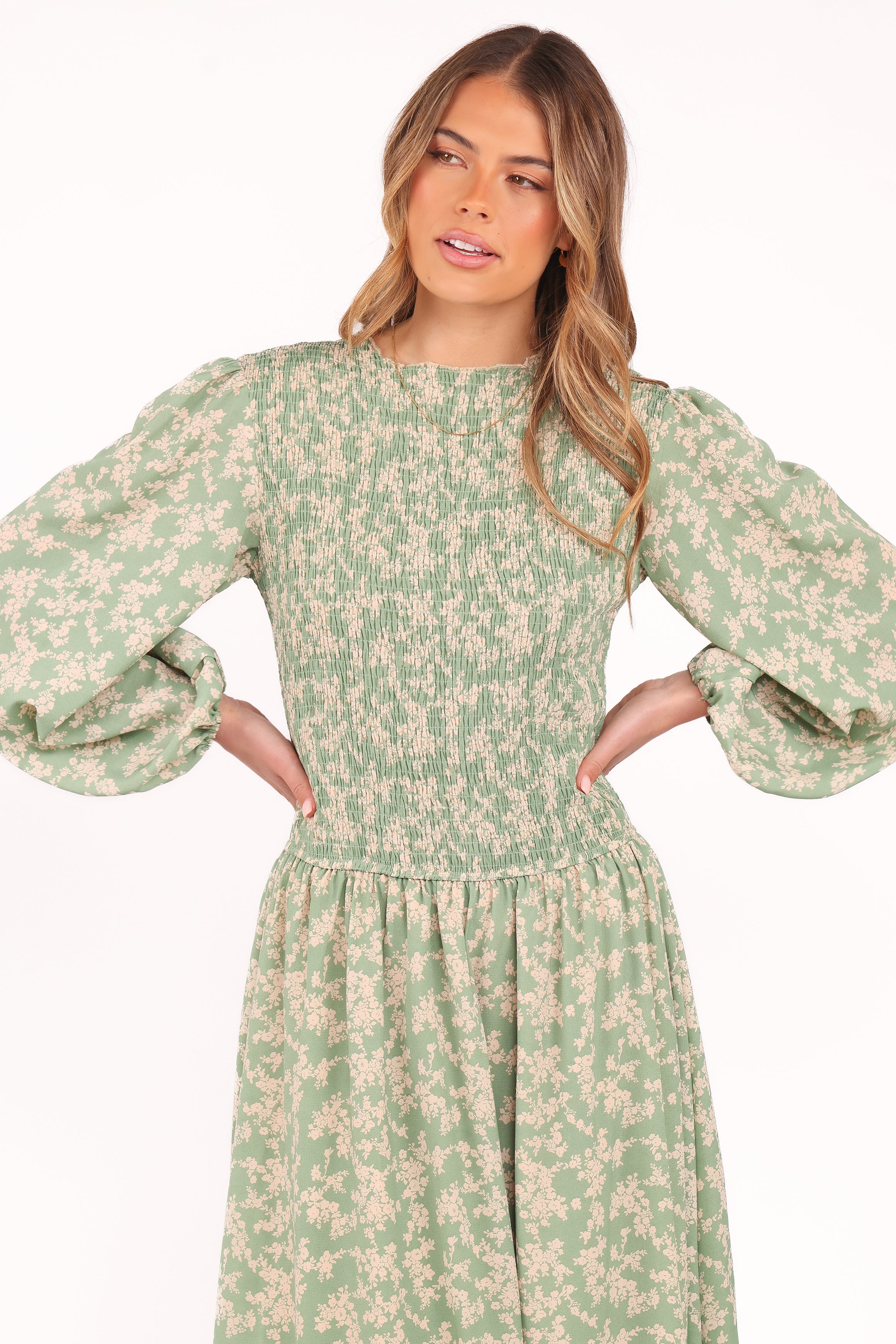 Ashara Long Sleeve Midi Dress - Green Floral