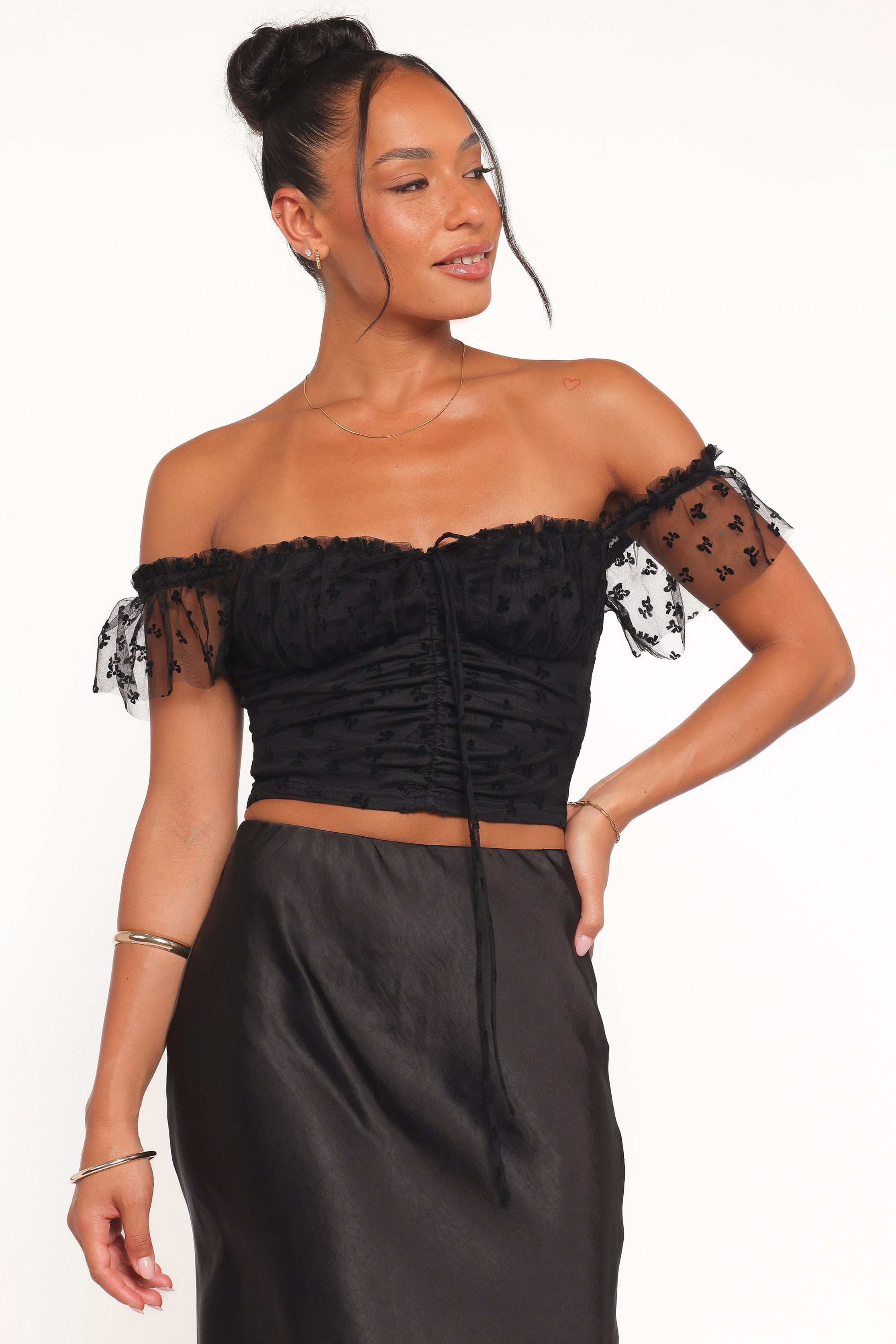 Aster Off Shoulder Mesh Top - Black