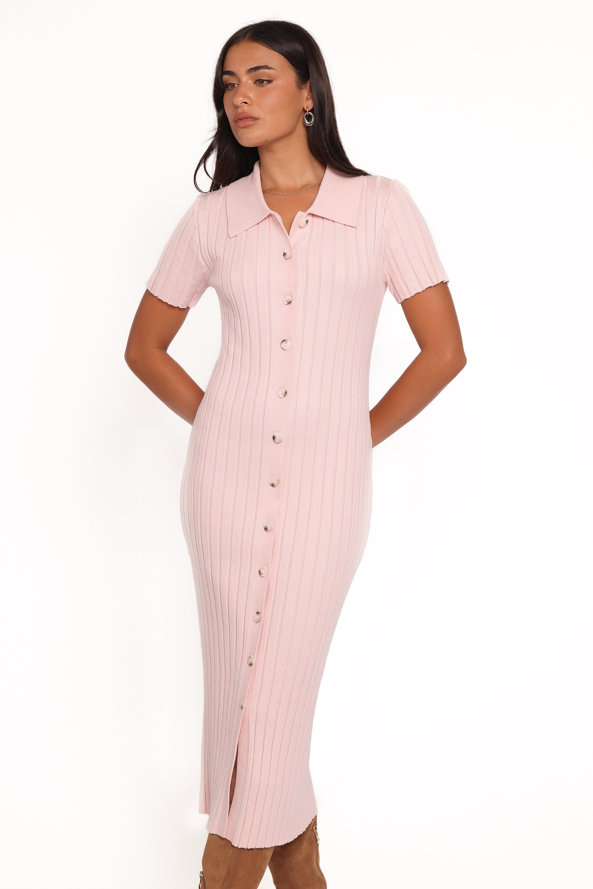 Aisha Short Sleeve Knit Midi Dress - Pink