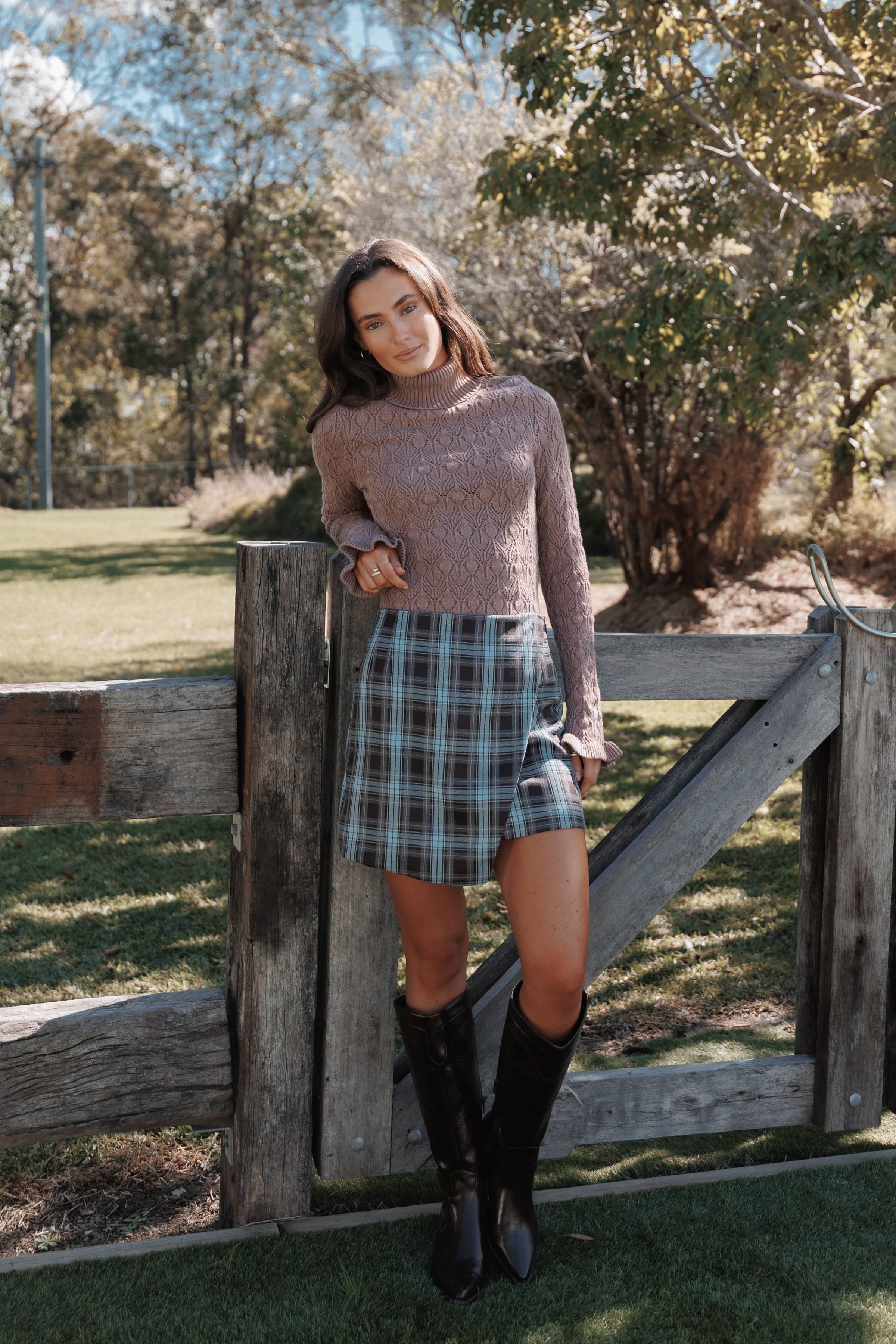 Kelly Faux Wrap Mini Skirt - Choc/Blue Plaid