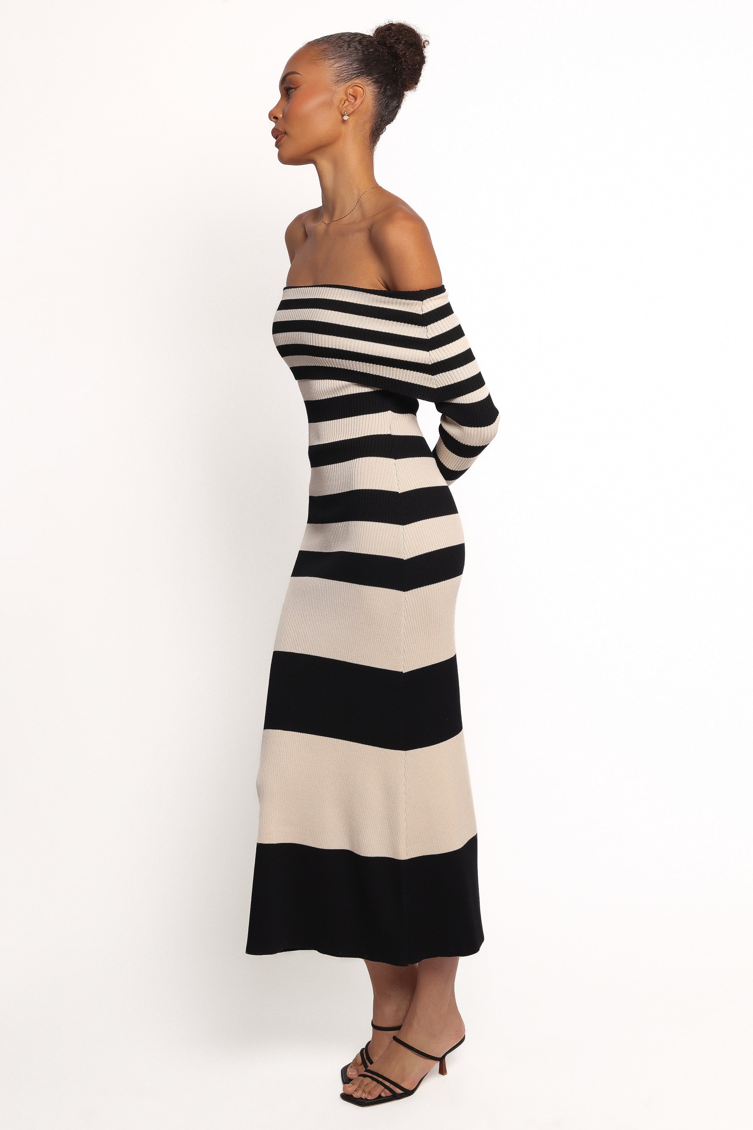Banks Off Shoulder Knit Dress - Black Cream Stripe