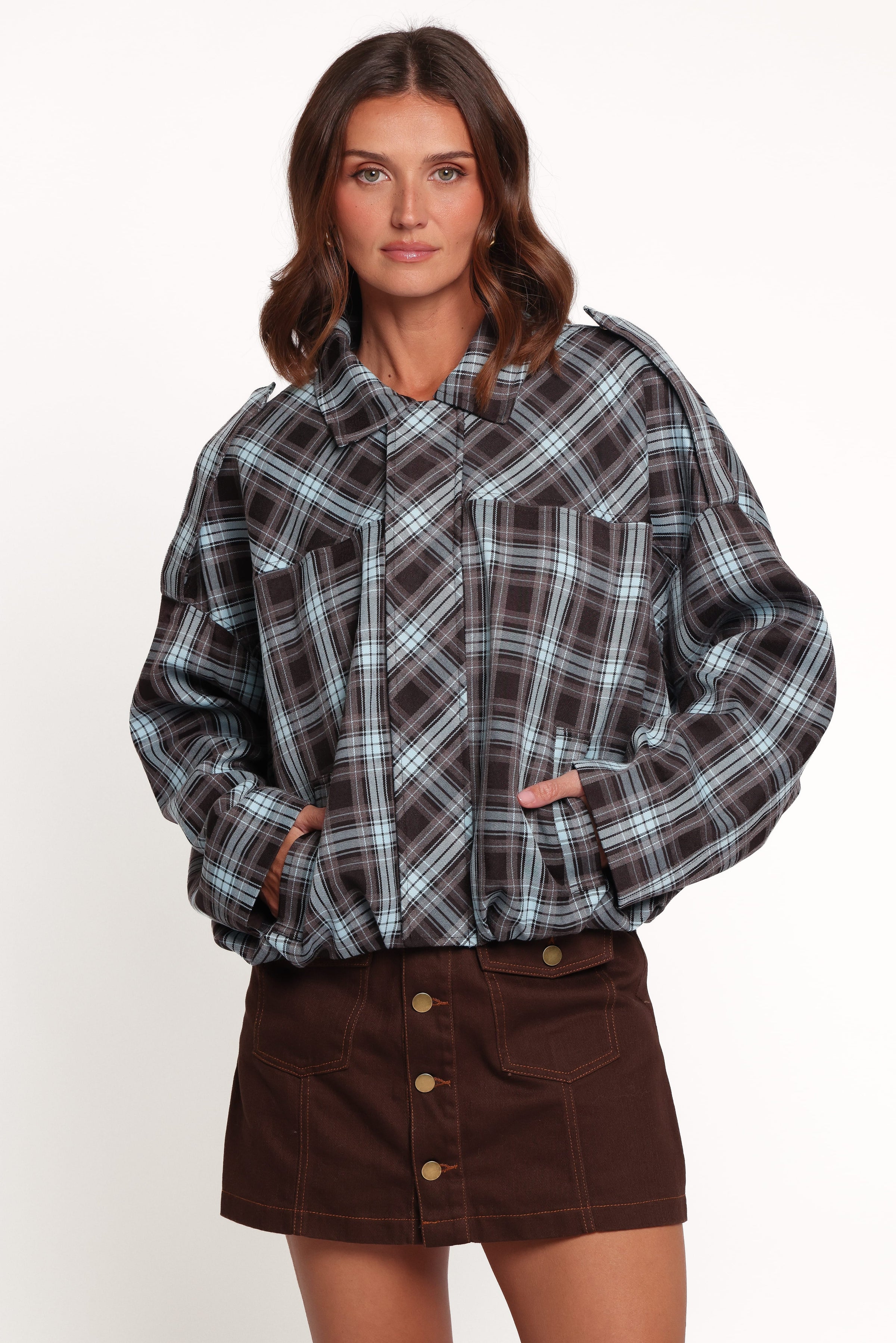 Bindy Bomber - Choc/Blue Plaid