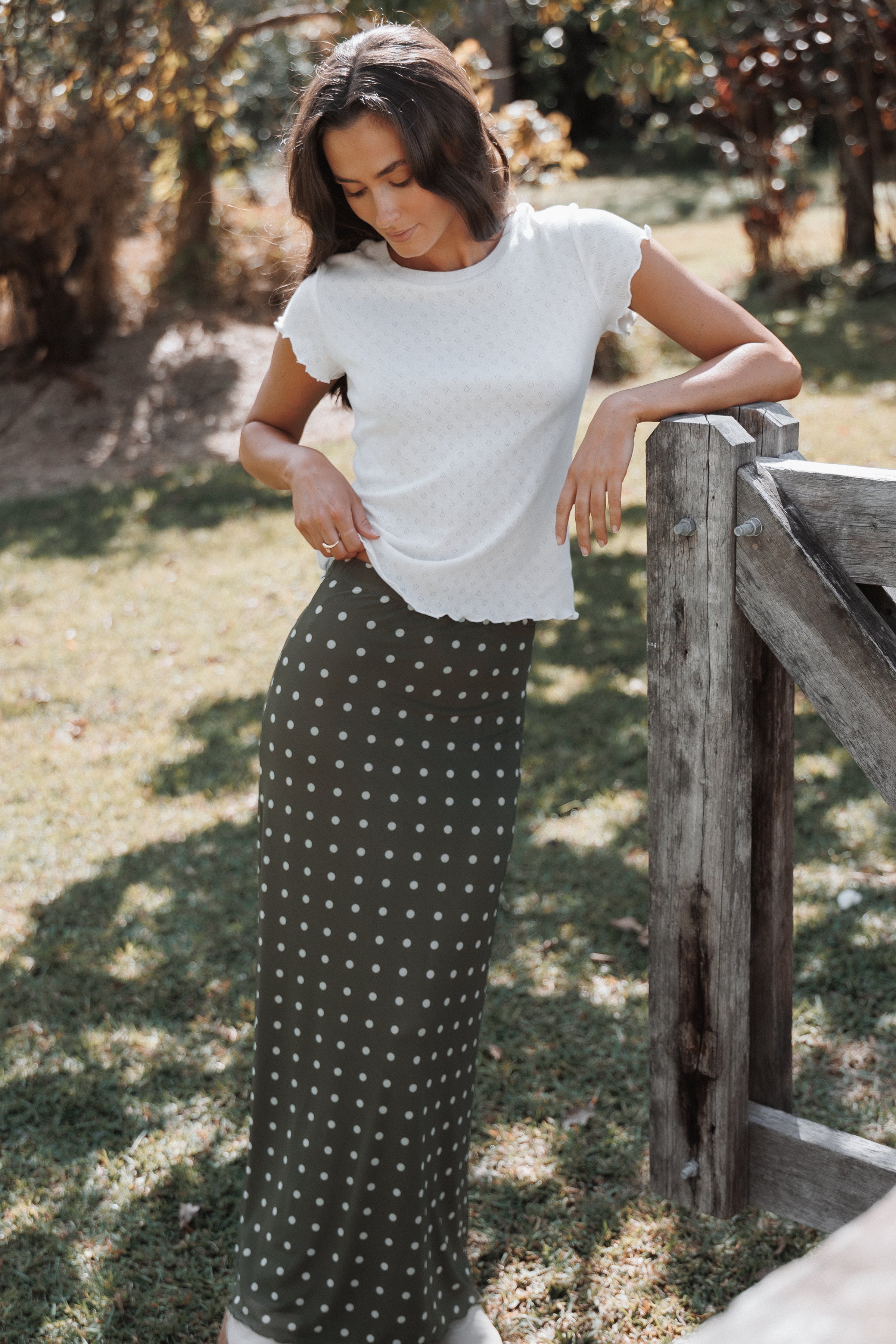 Bloise Maxi Skirt - Olive Green Polka Dot