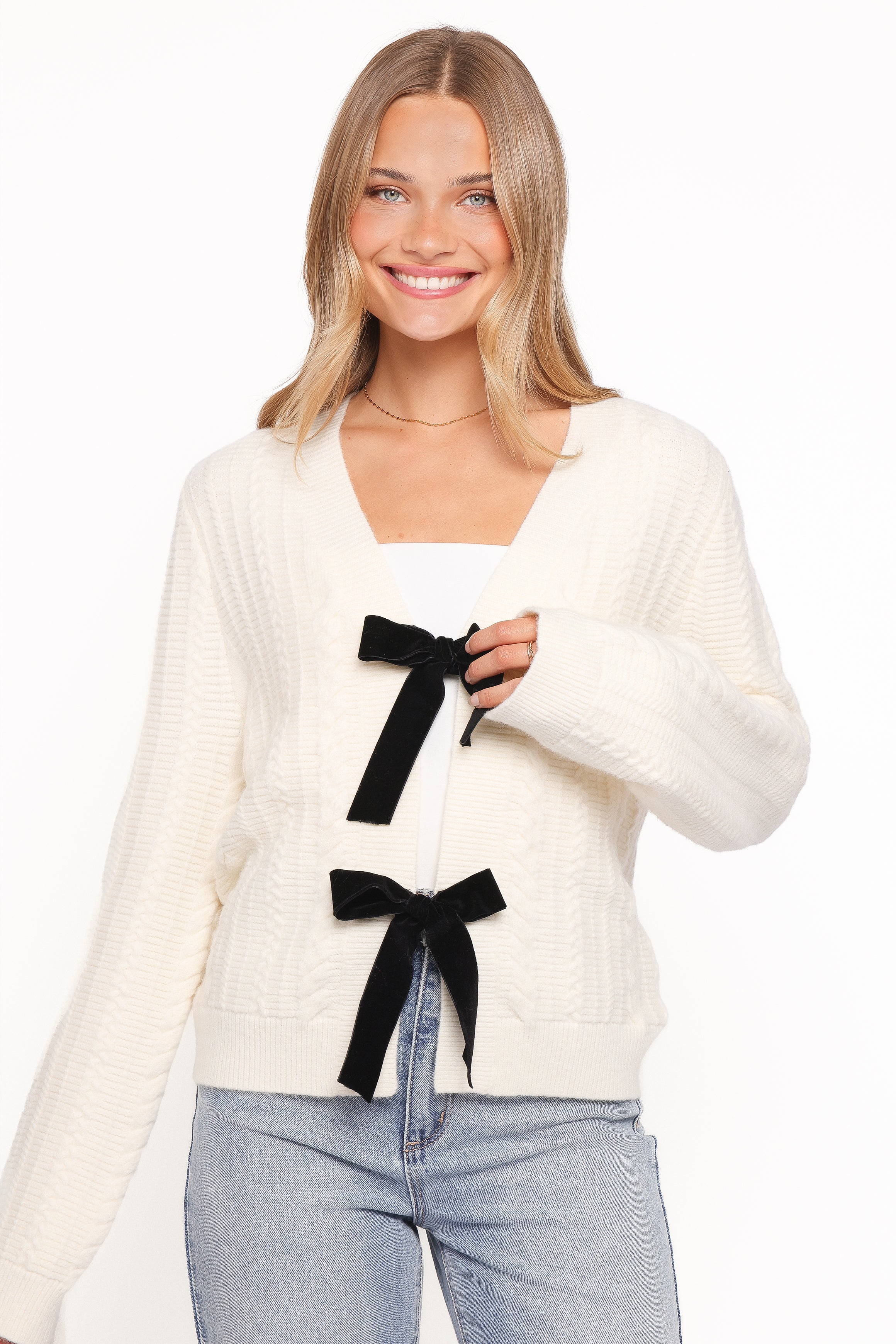 Bree Velvet Bow Cardigan - Cream