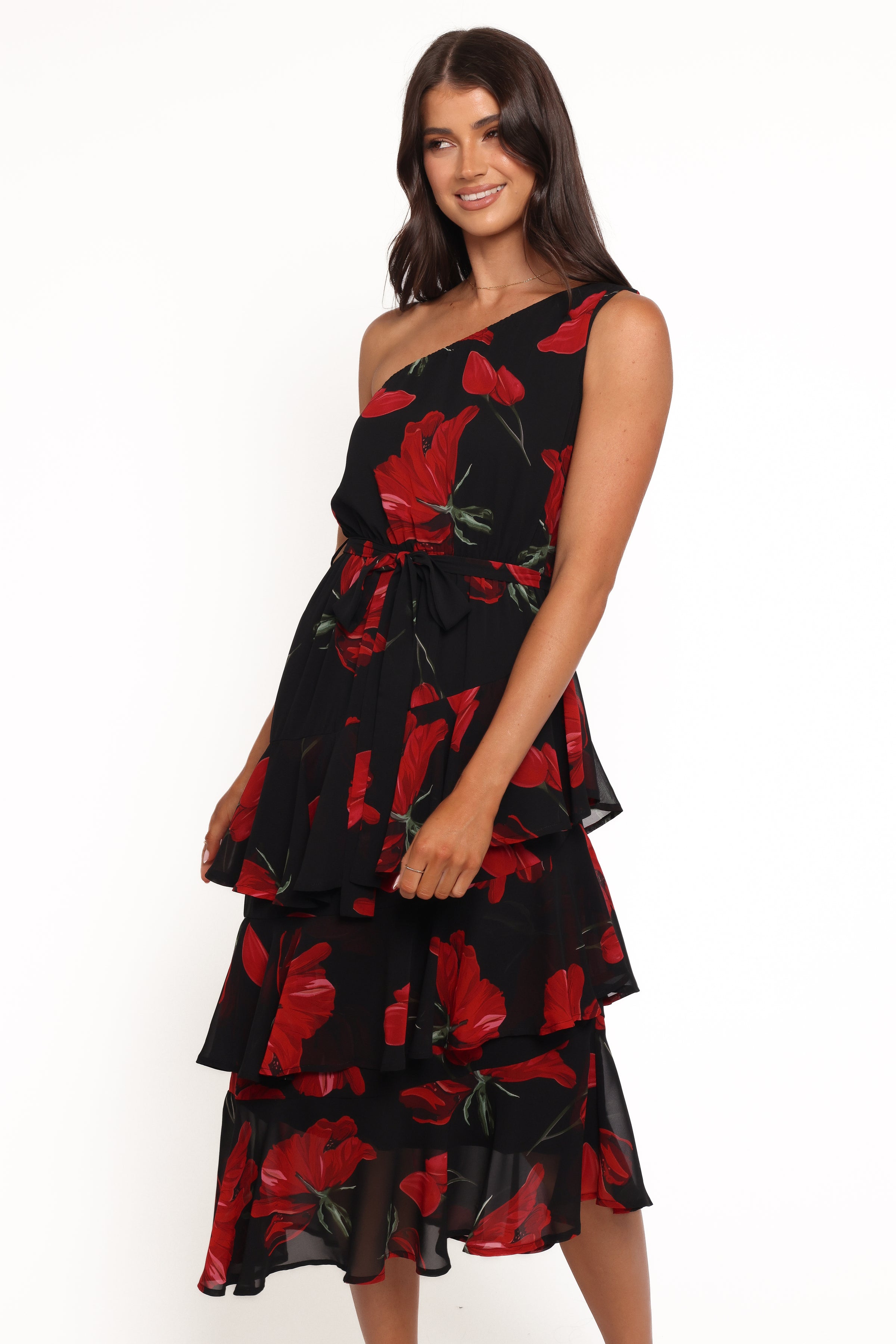 Brigette One Shoulder Tiered Midi Dress - Red Floral