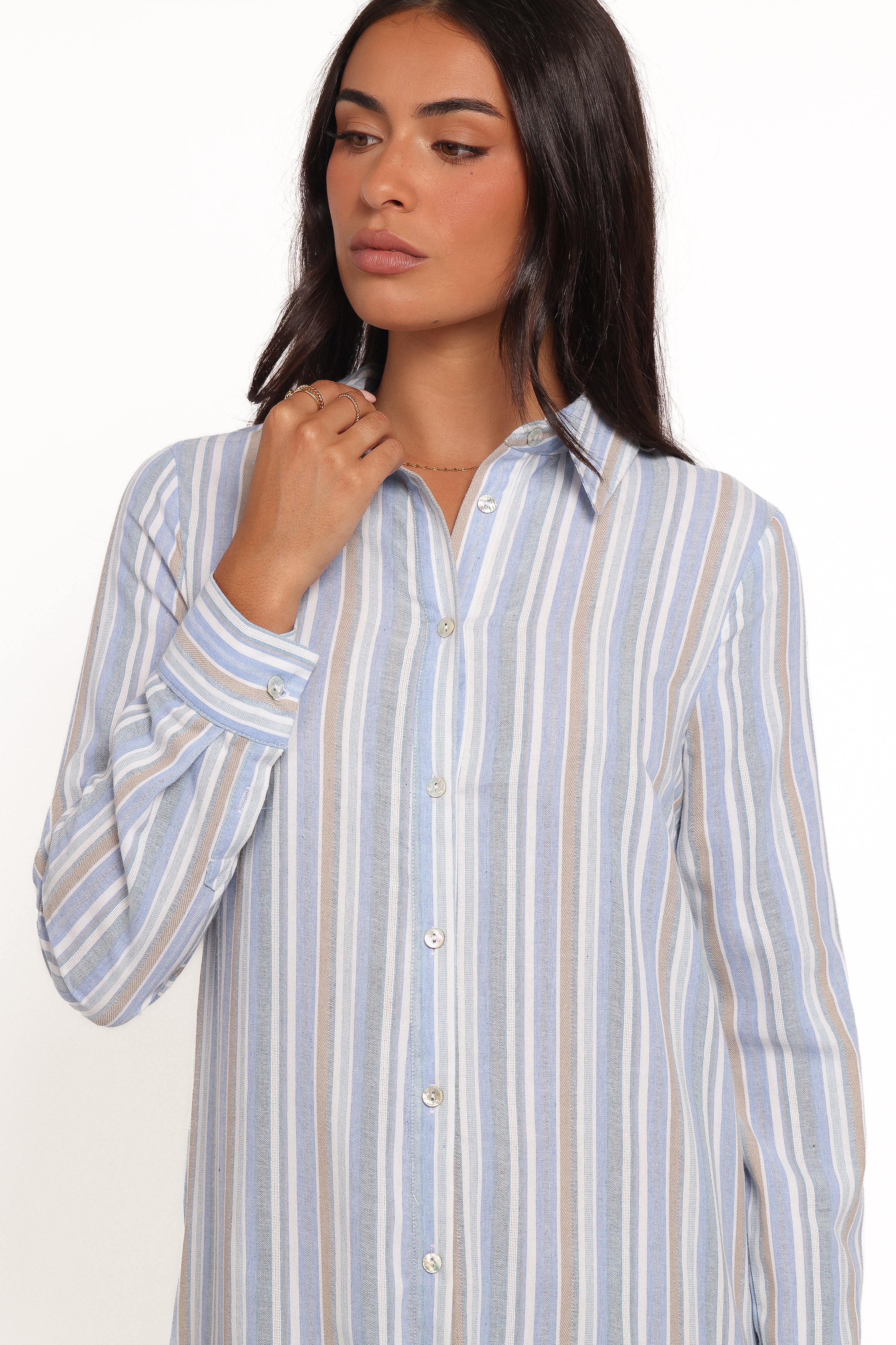 Caprice Long Sleeve Button Down Maxi Dress - Blue Stripe