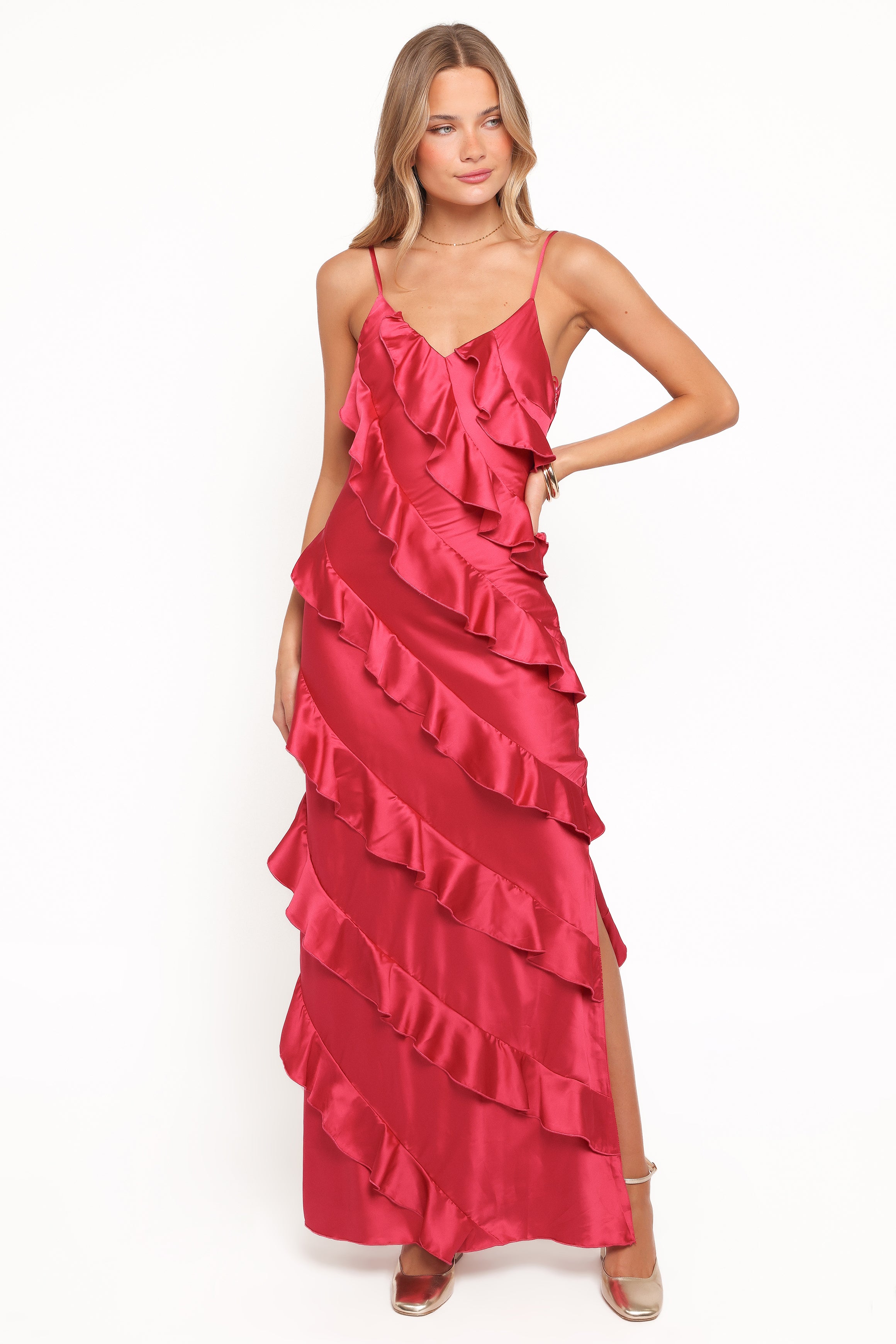 Ciao Ruffles Maxi Satin Dress - Fuchsia