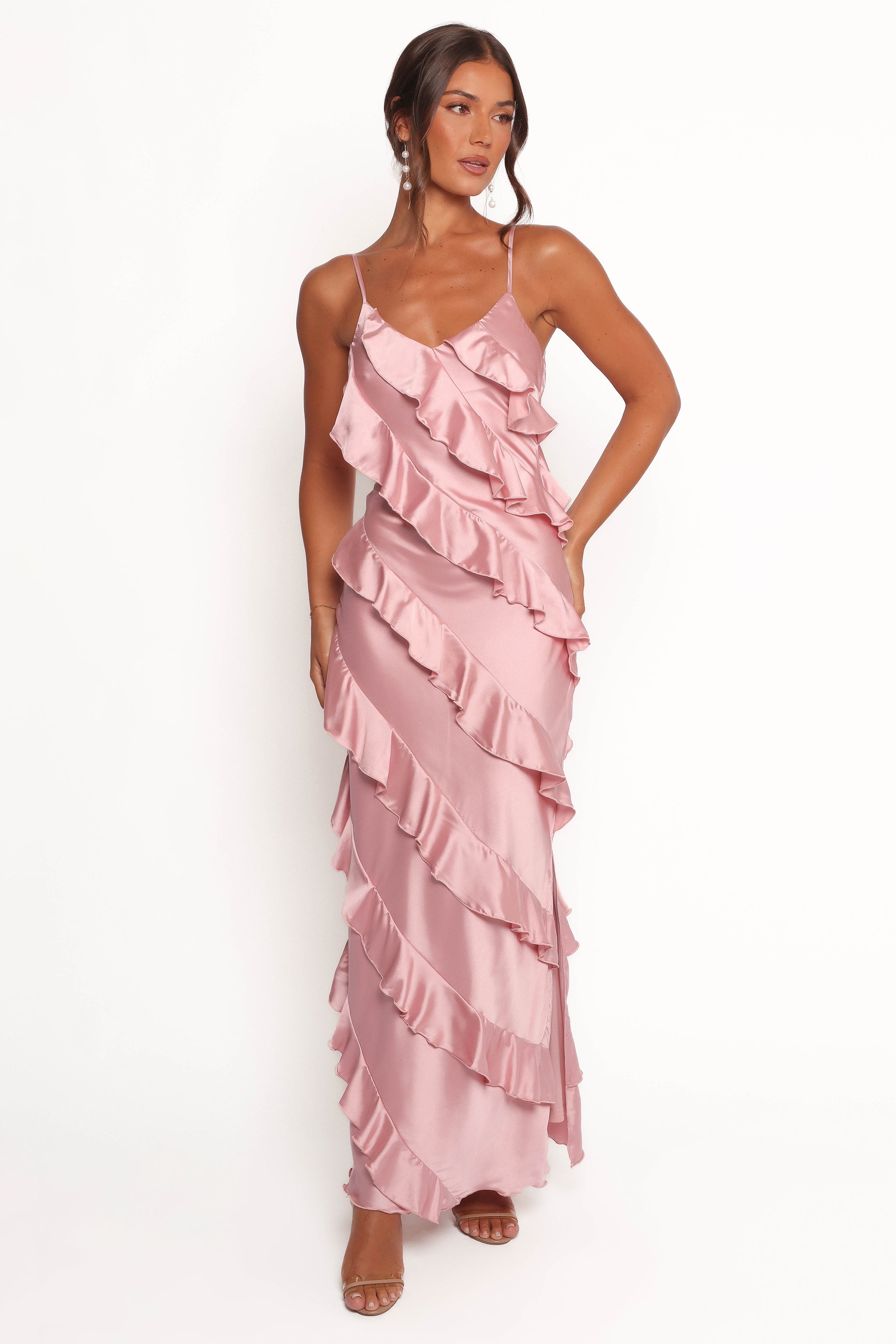 Ciao Ruffles Maxi Satin Dress - Pink