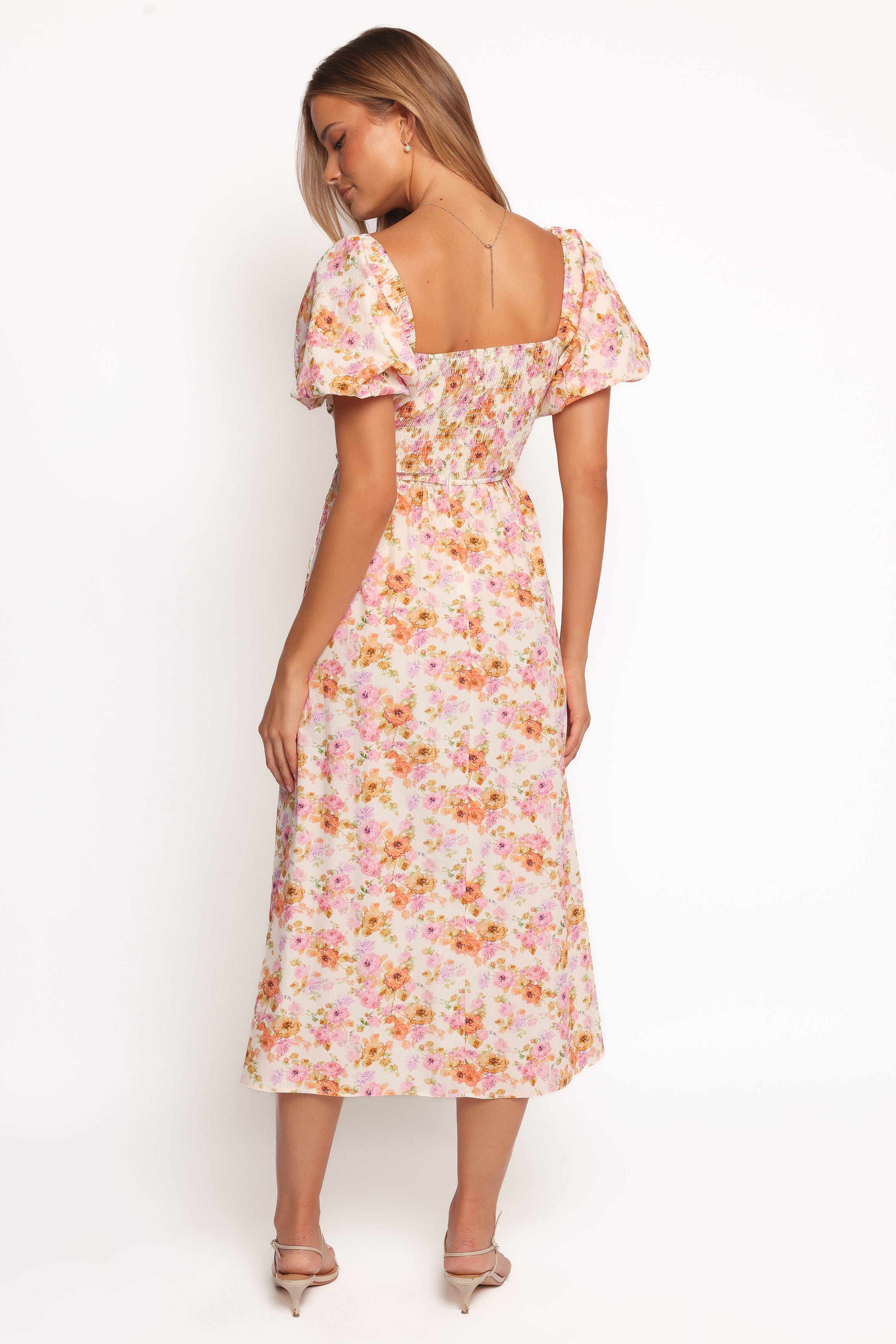 Clo Puff Sleeve Midi Dress - Peach Floral