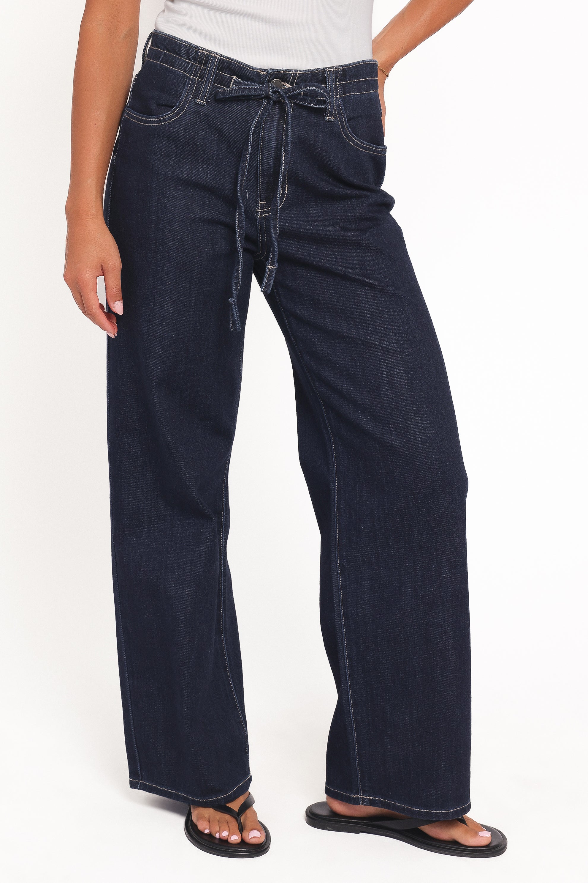 Clover Drawstring Wide Leg Jeans - Dark Wash