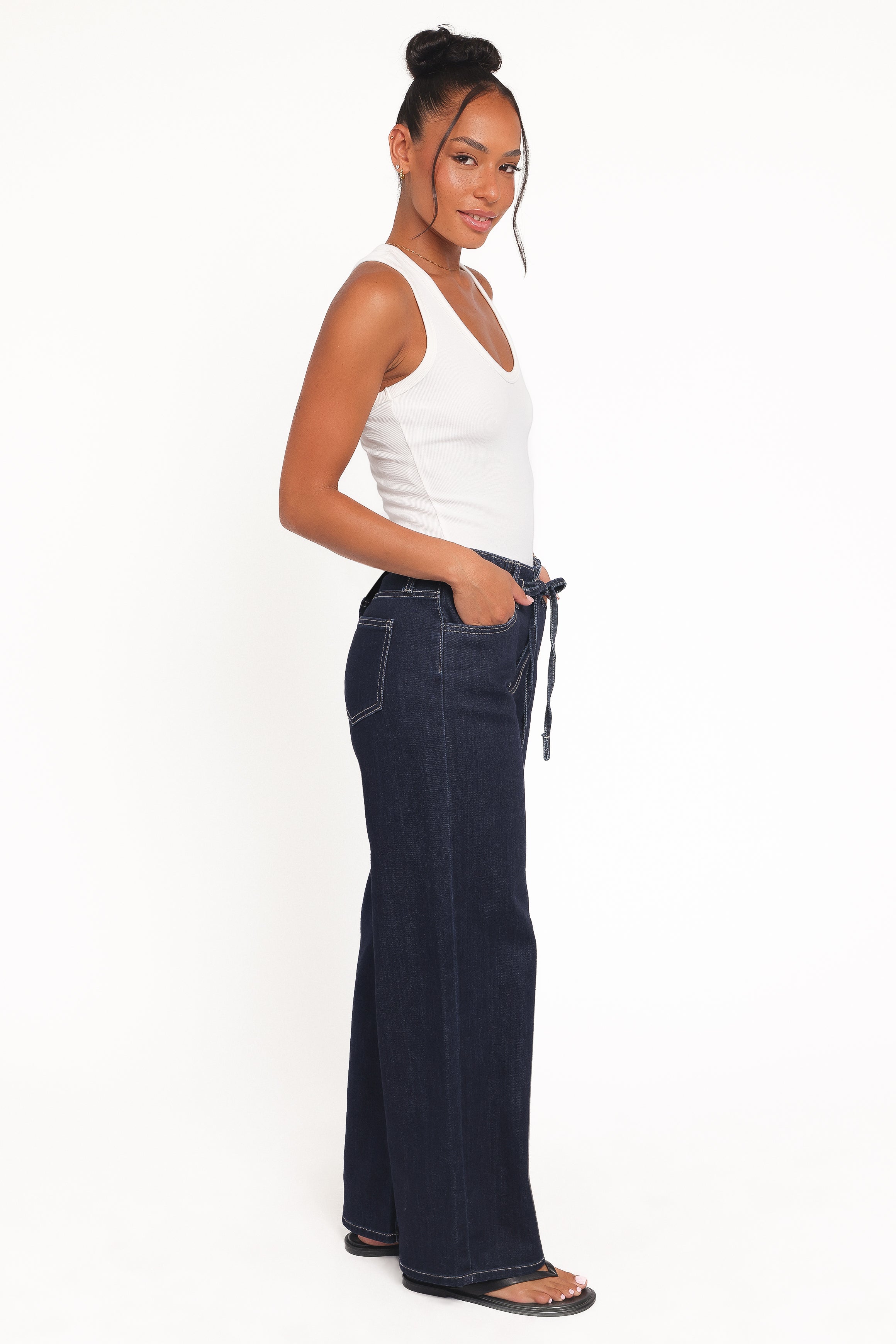 Clover Drawstring Wide Leg Jeans - Dark Wash