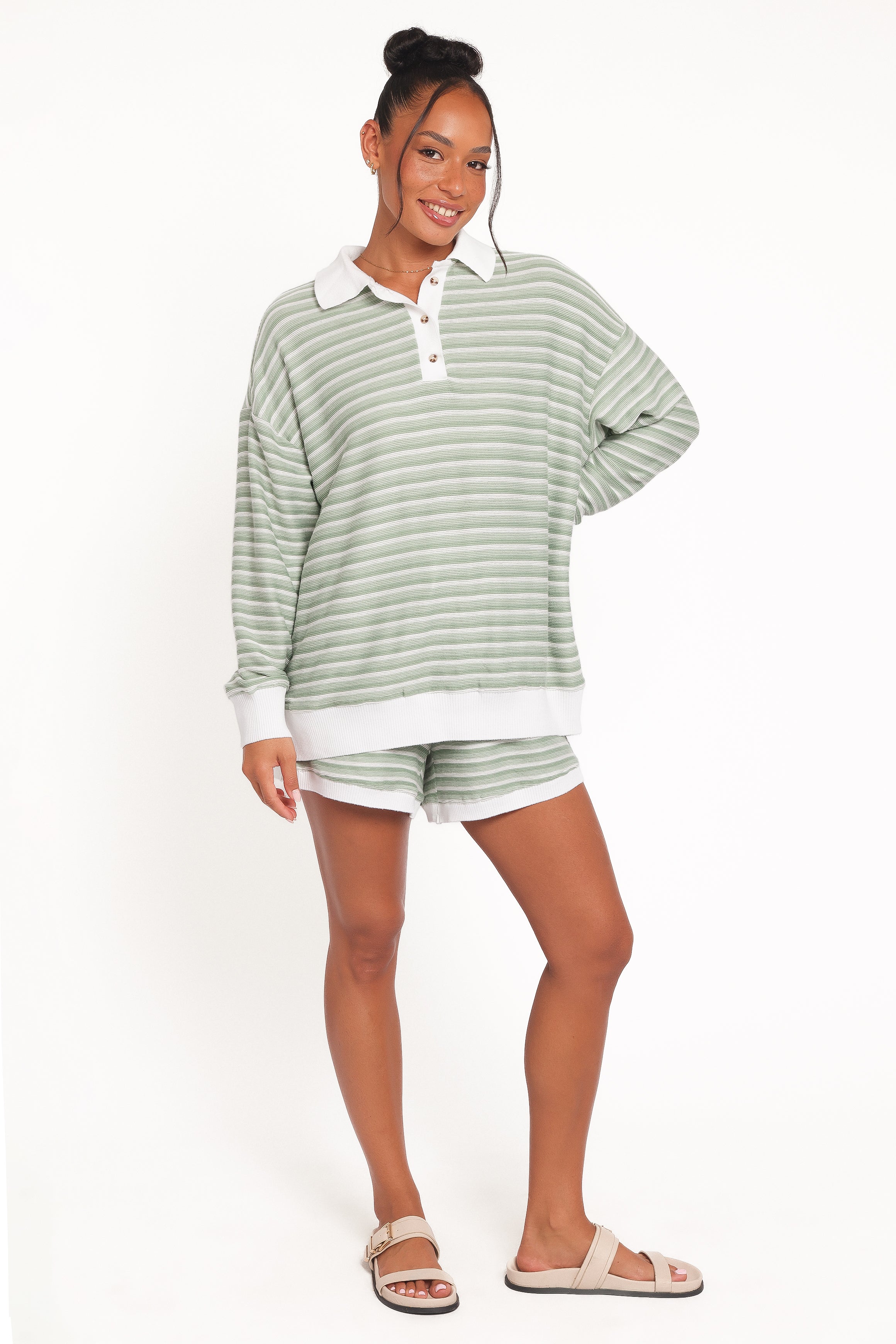 Dealia Knit Short Set - Sage Stripe