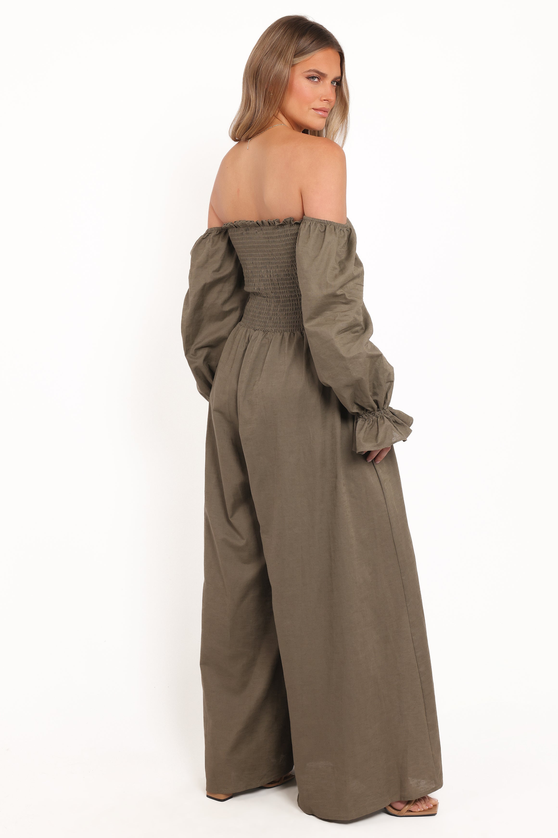 Domenica Shirred Long Sleeve Jumpsuit - Olive