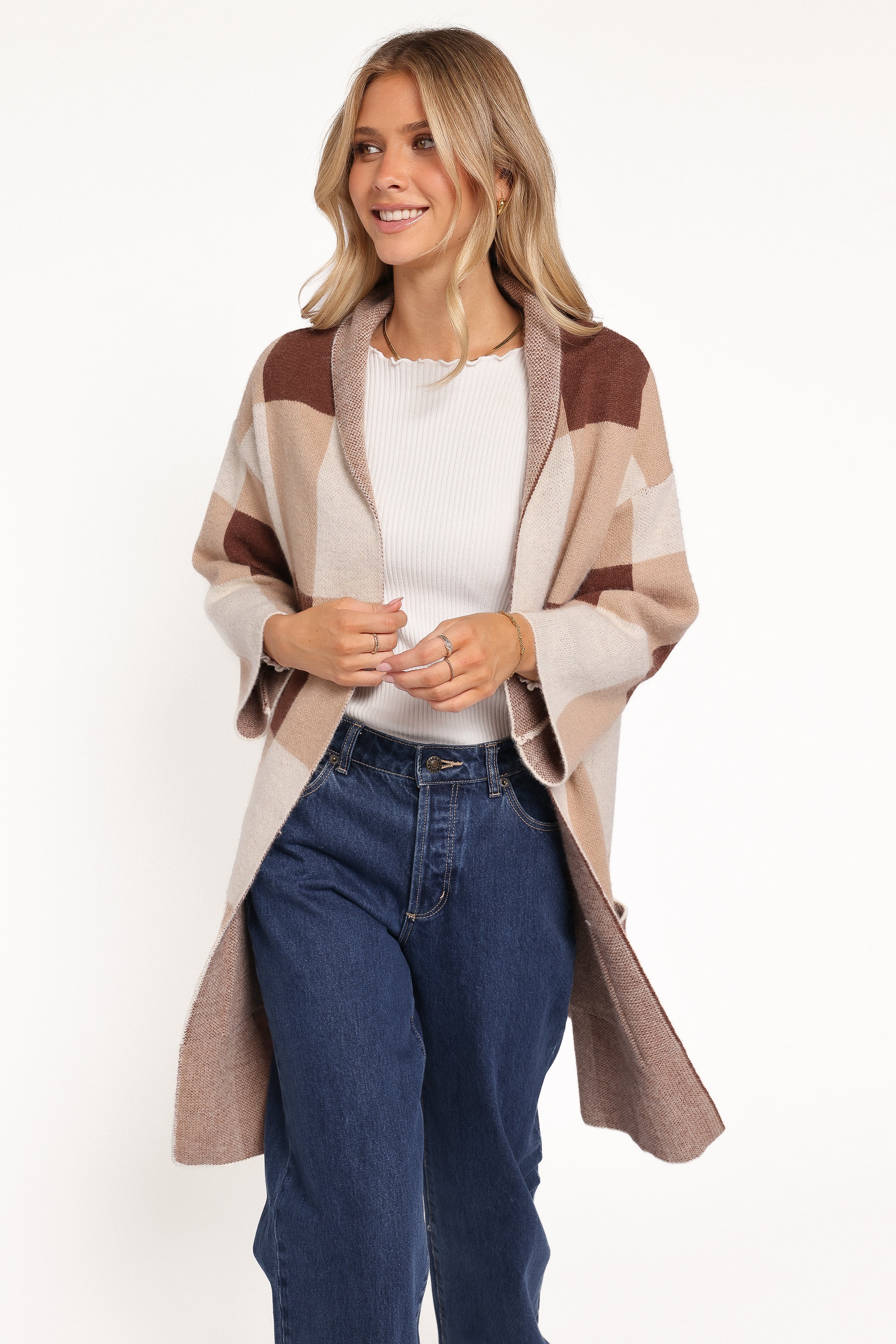 Ecoya Long Cardigan - Brown Plaid