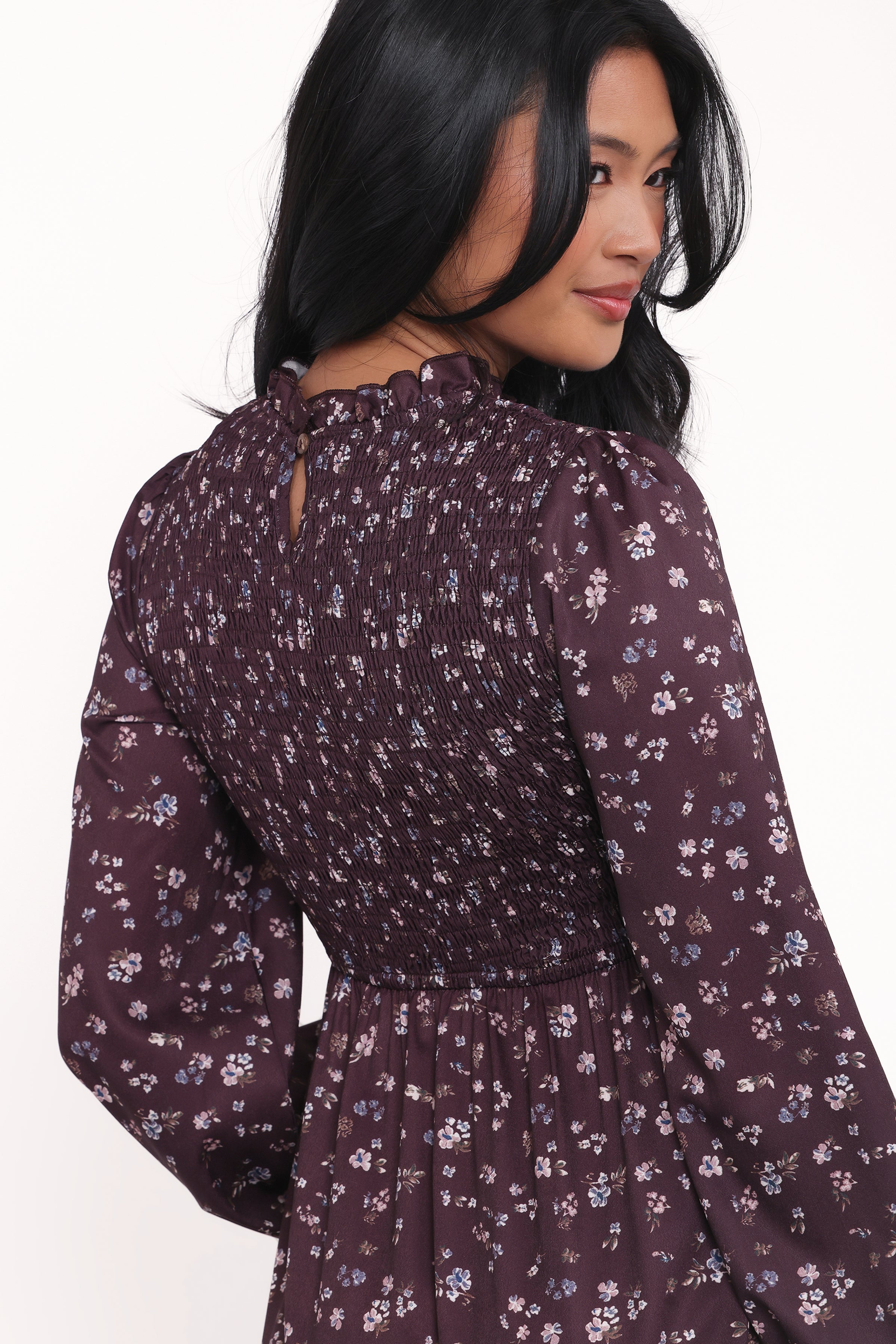 Edwina Shirred Frill Long Sleeve Midi Dress - Plum Floral