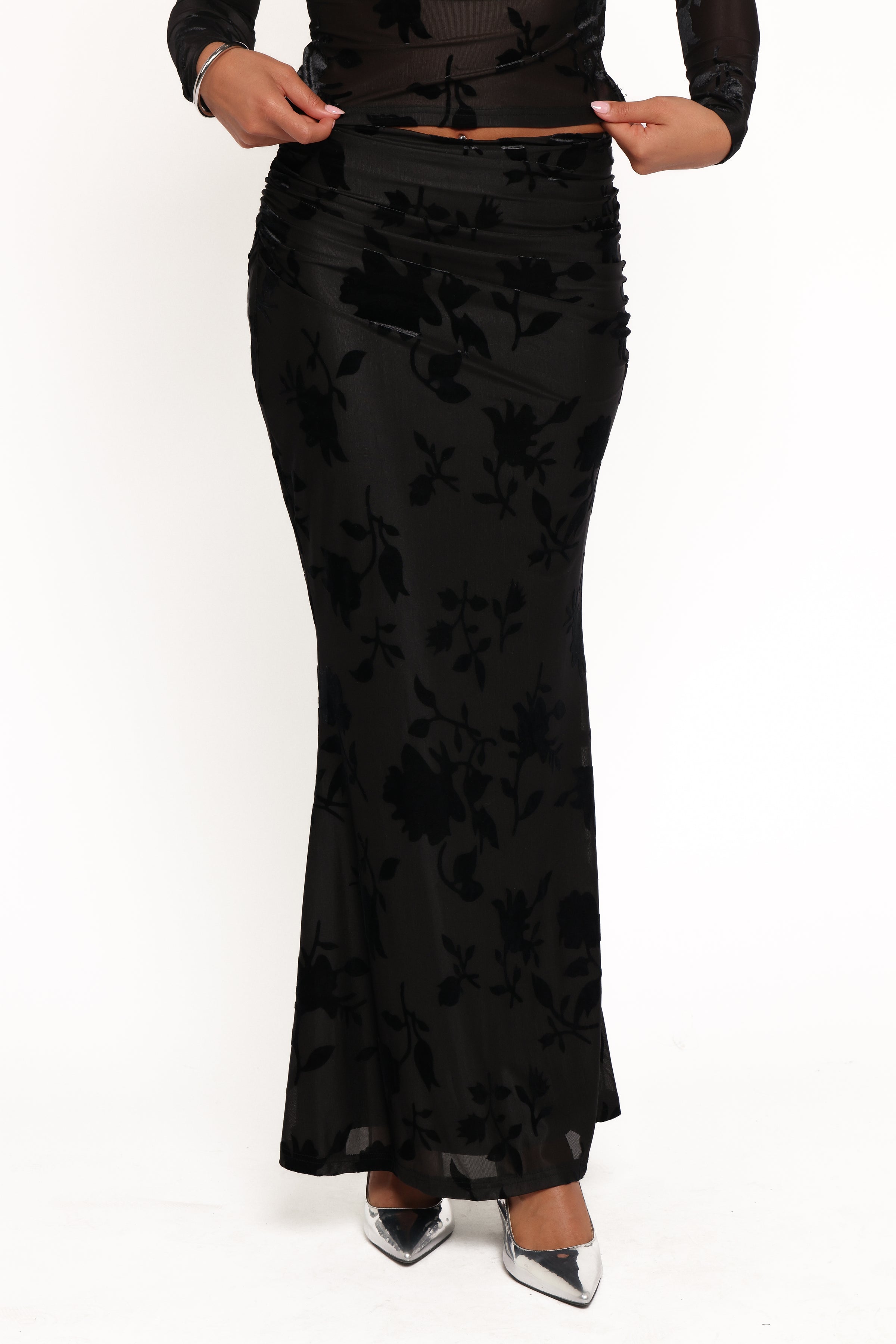 Emily Burnout Velvet Skirt - Black