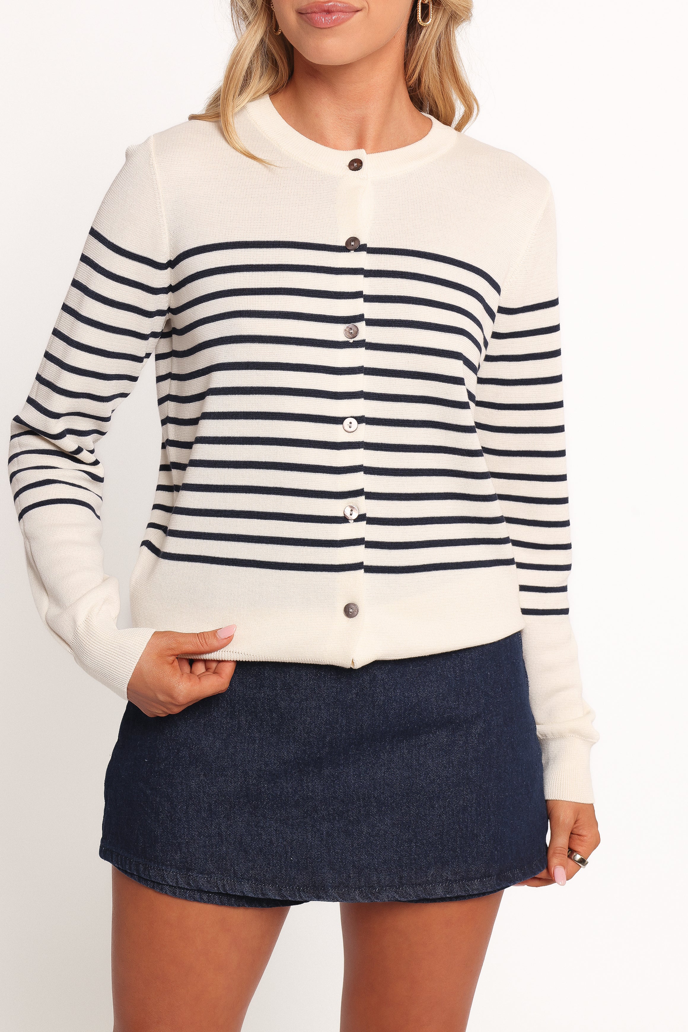 Gavi Button Front Striped Cardigan - Off White/Navy