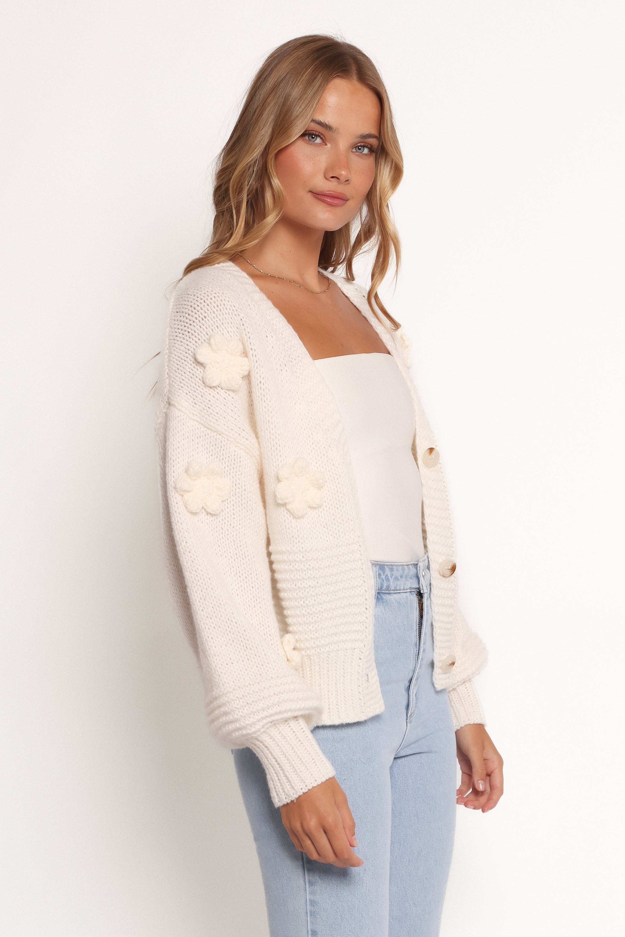 Harlee Flower Cardigan - White
