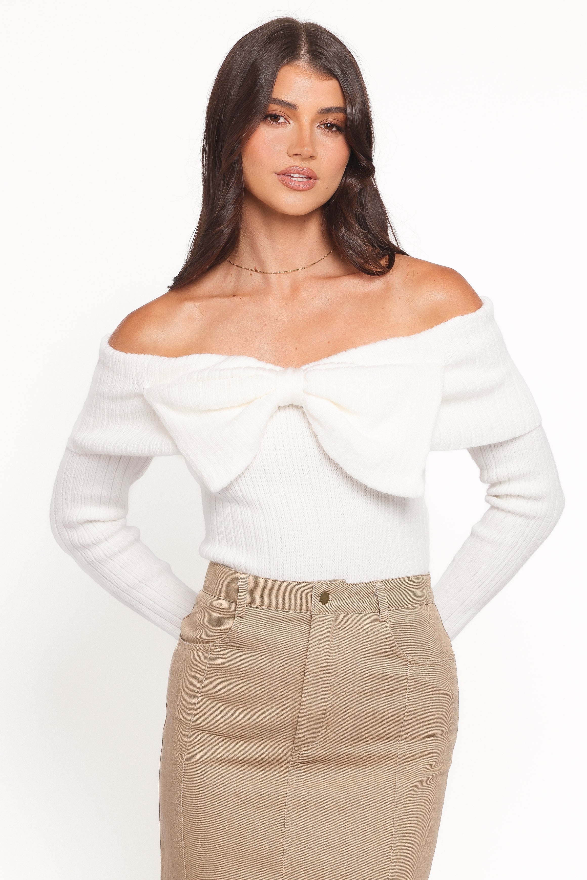 Helene Bow Off Shoulder Knit Sweater - Ivory