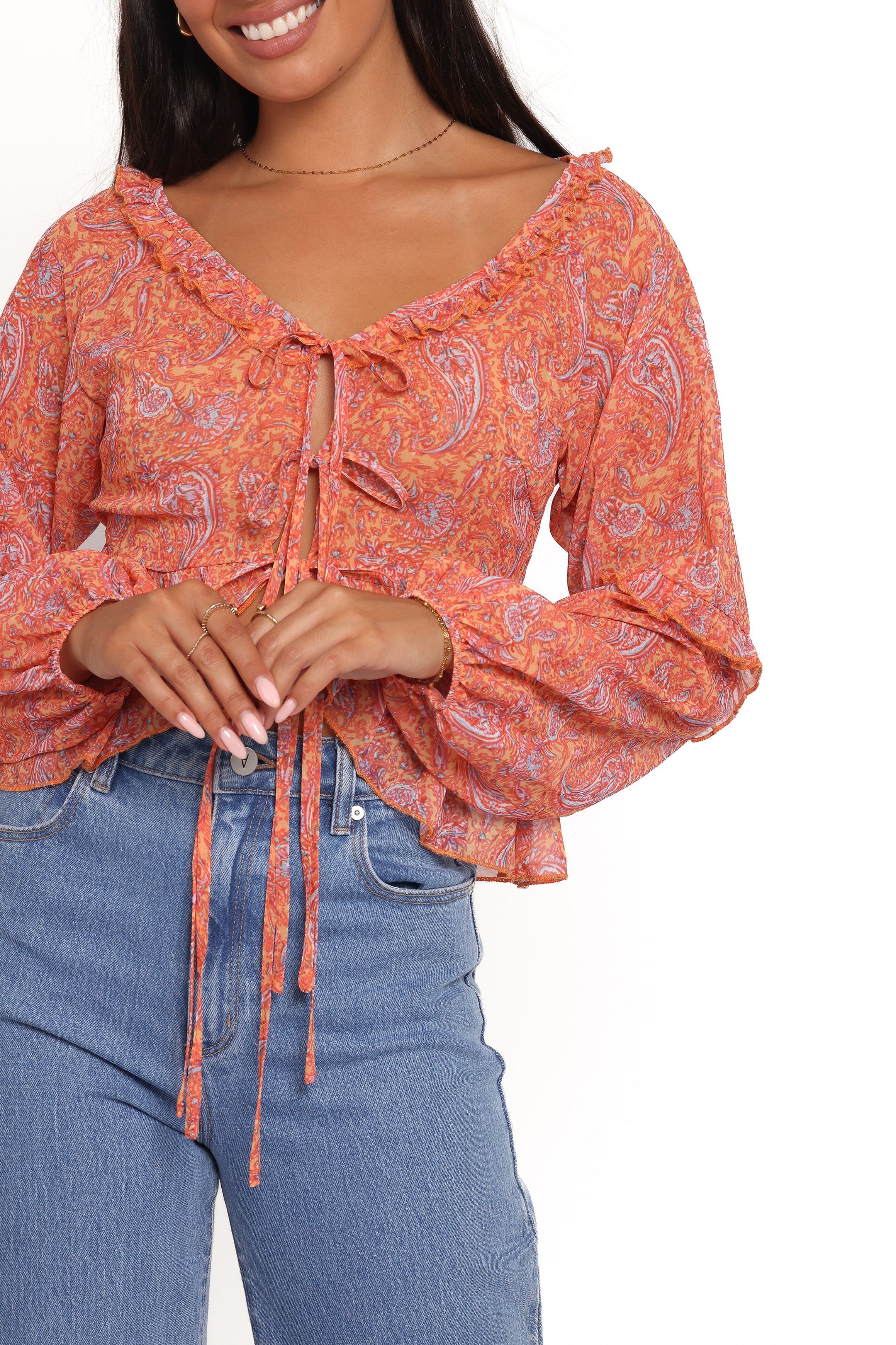Isolt Tie Front Top - Orange Paisley
