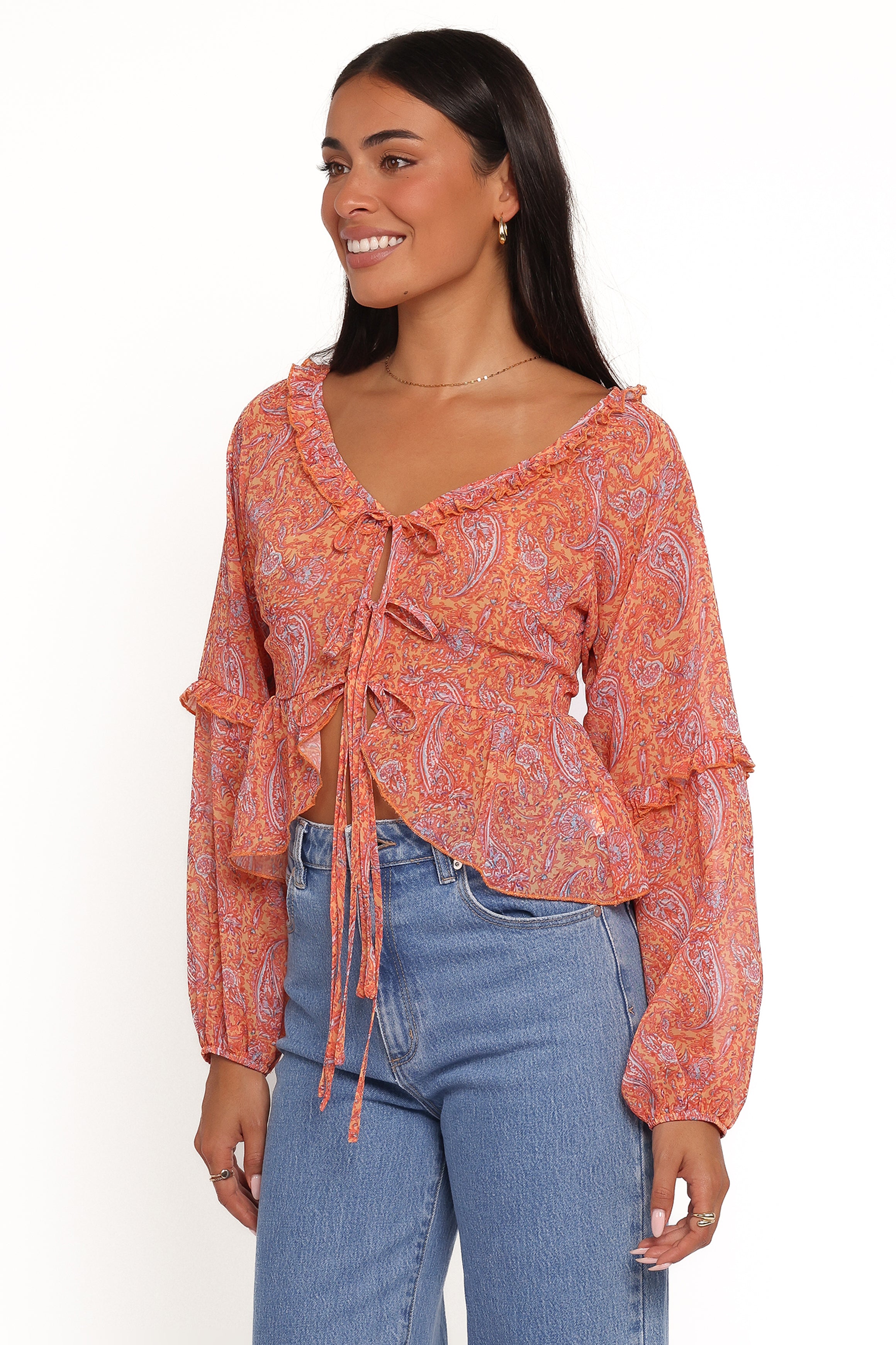Isolt Tie Front Top - Orange Paisley