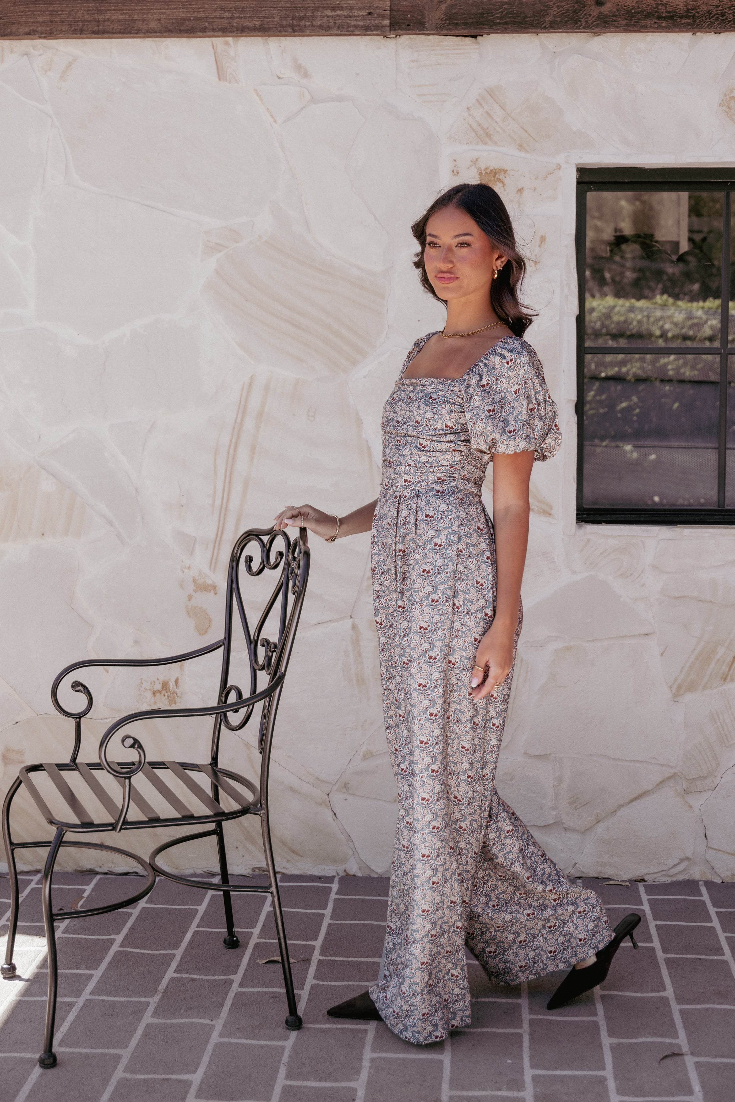 Jayda Puff Sleeve Jumpsuit - Grey Floral