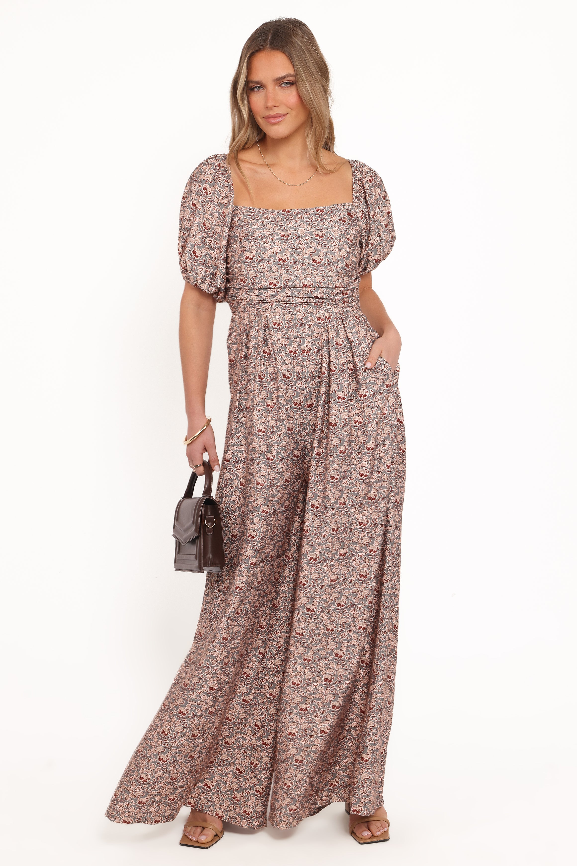 Jayda Puff Sleeve Jumpsuit - Grey Floral