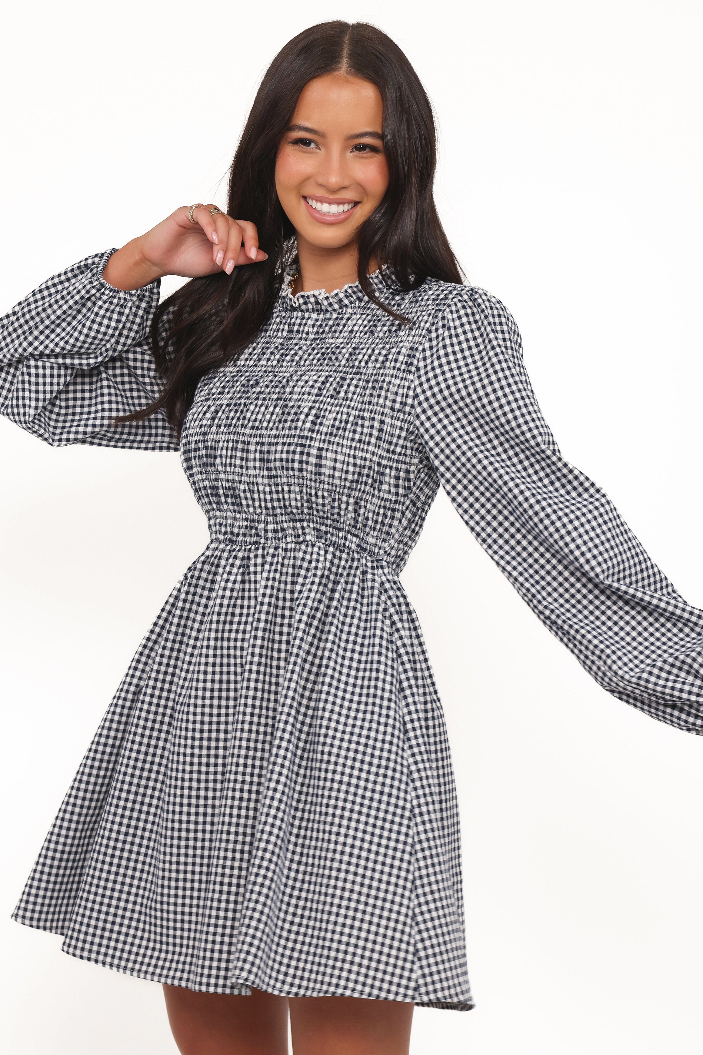 Jessen Long Sleeve Mini Dress - Navy Gingham