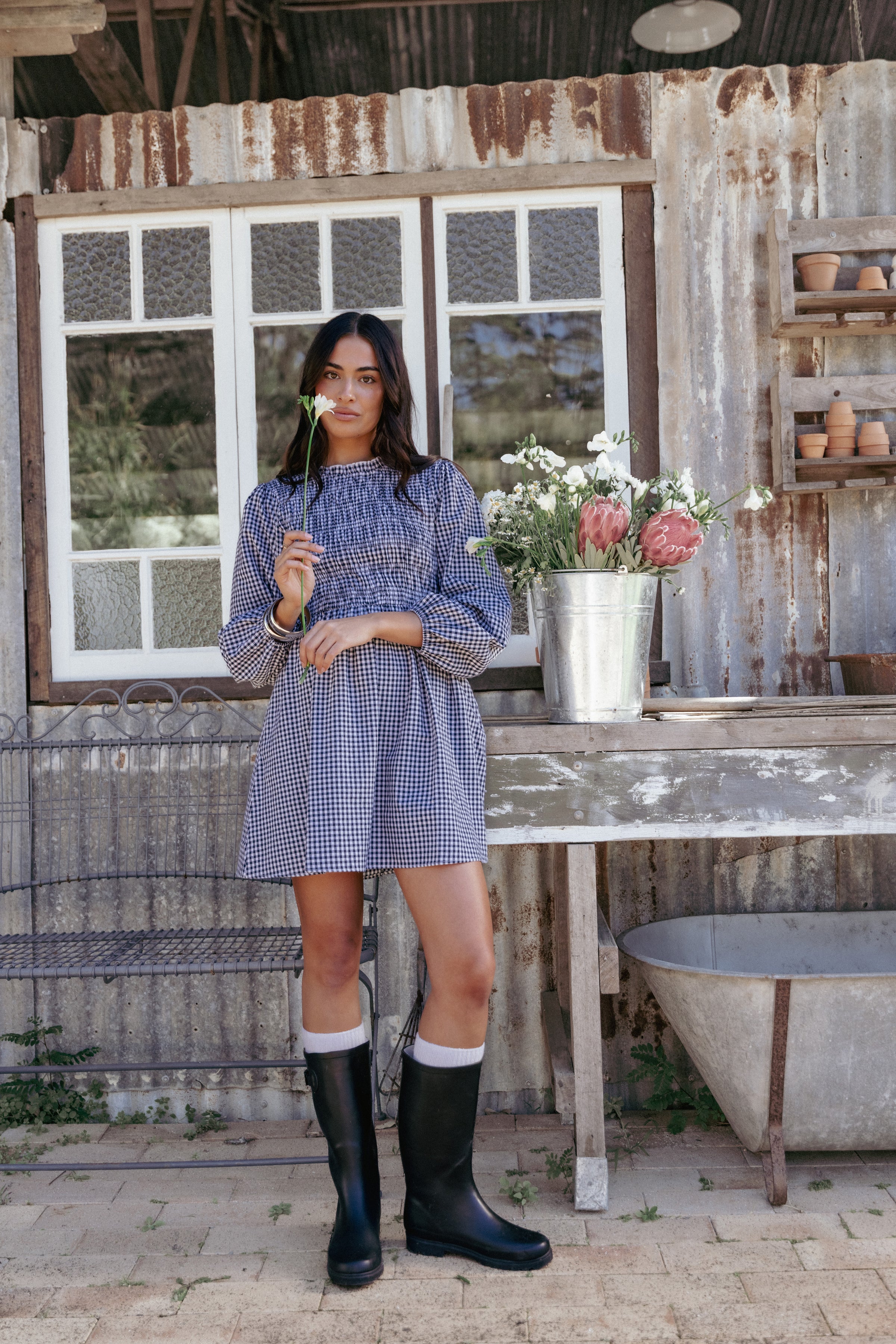 Jessen Long Sleeve Mini Dress - Navy Gingham