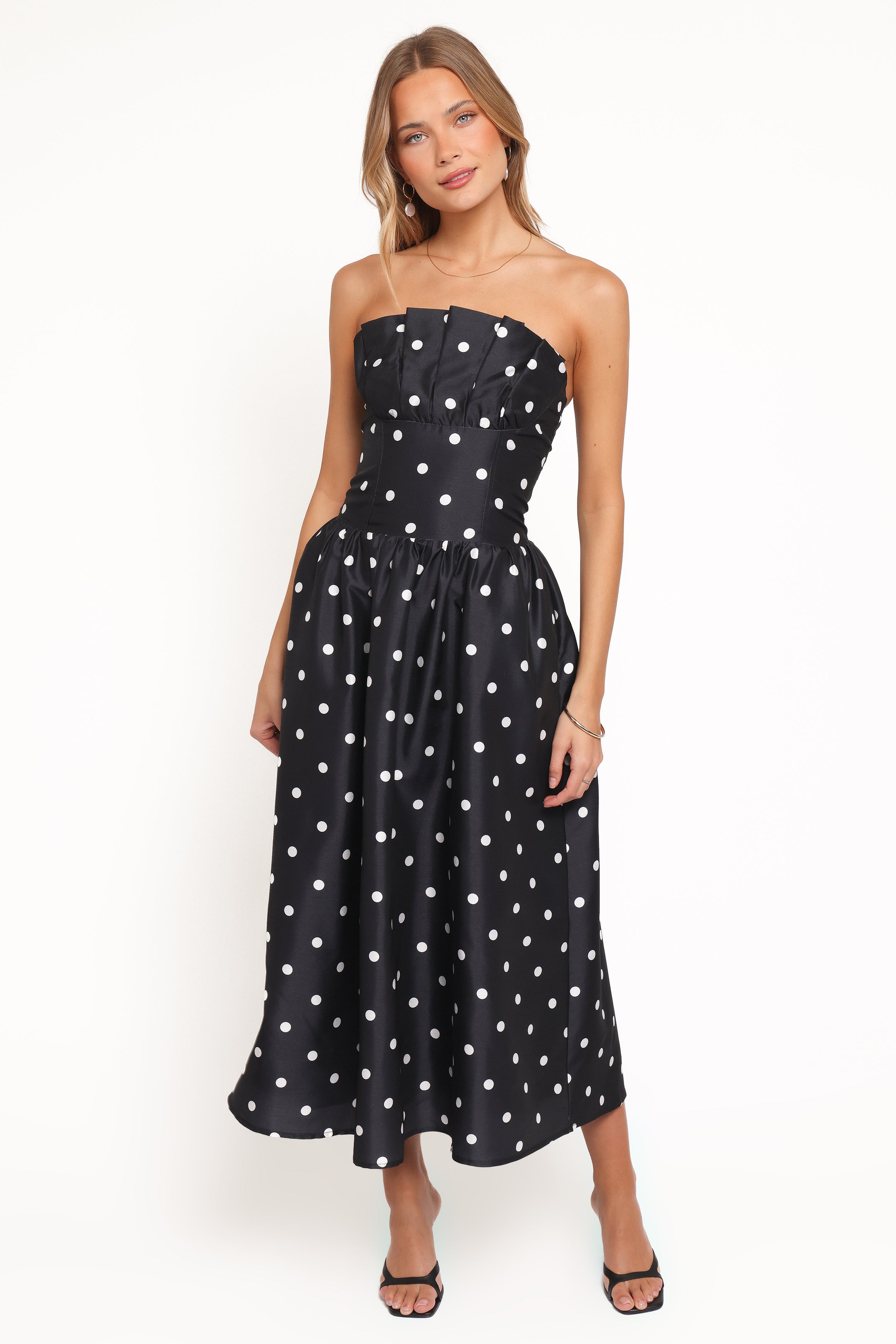 Kimbra Strapless Midi Dress - Black Polka Dot