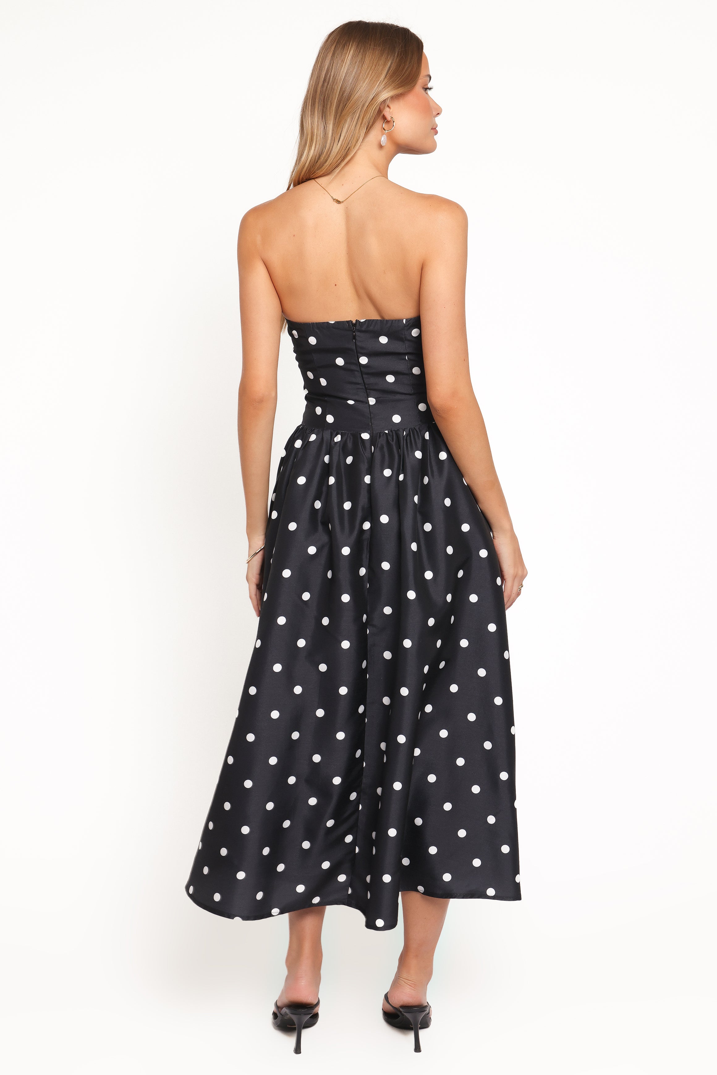 Kimbra Strapless Midi Dress - Black Polka Dot