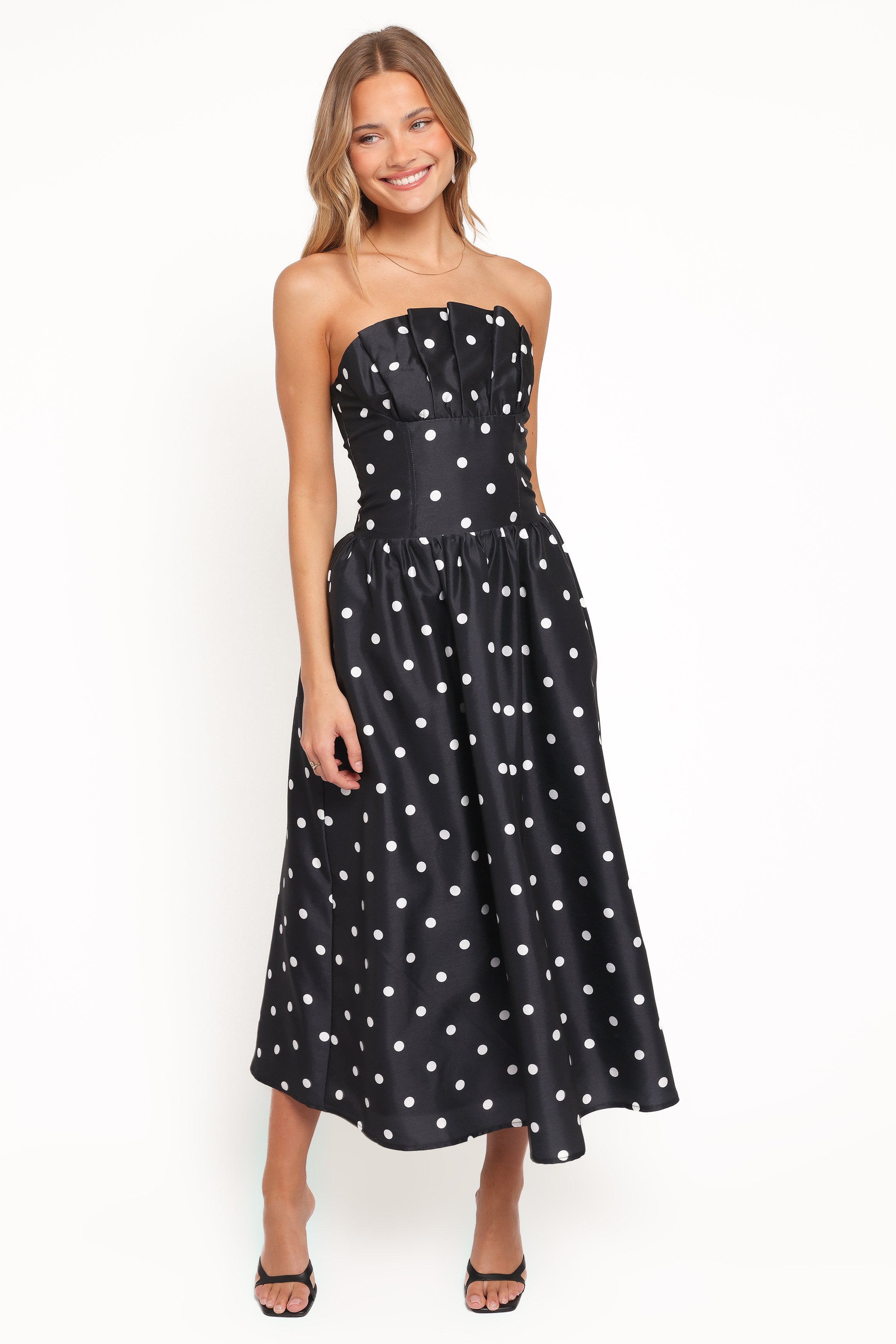 Kimbra Strapless Midi Dress - Black Polka Dot