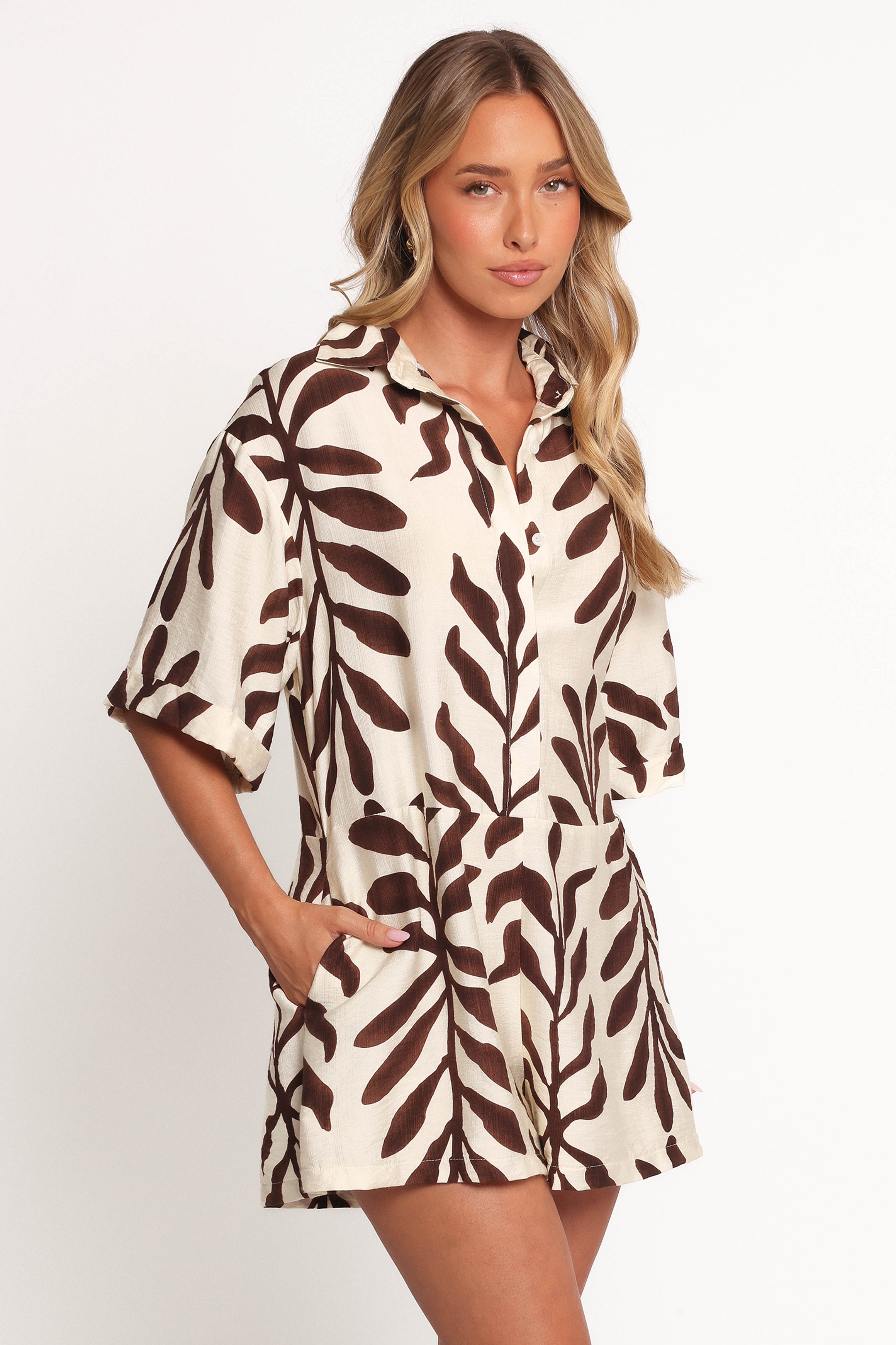 Kiya Drop Waist Romper - Brown Palm