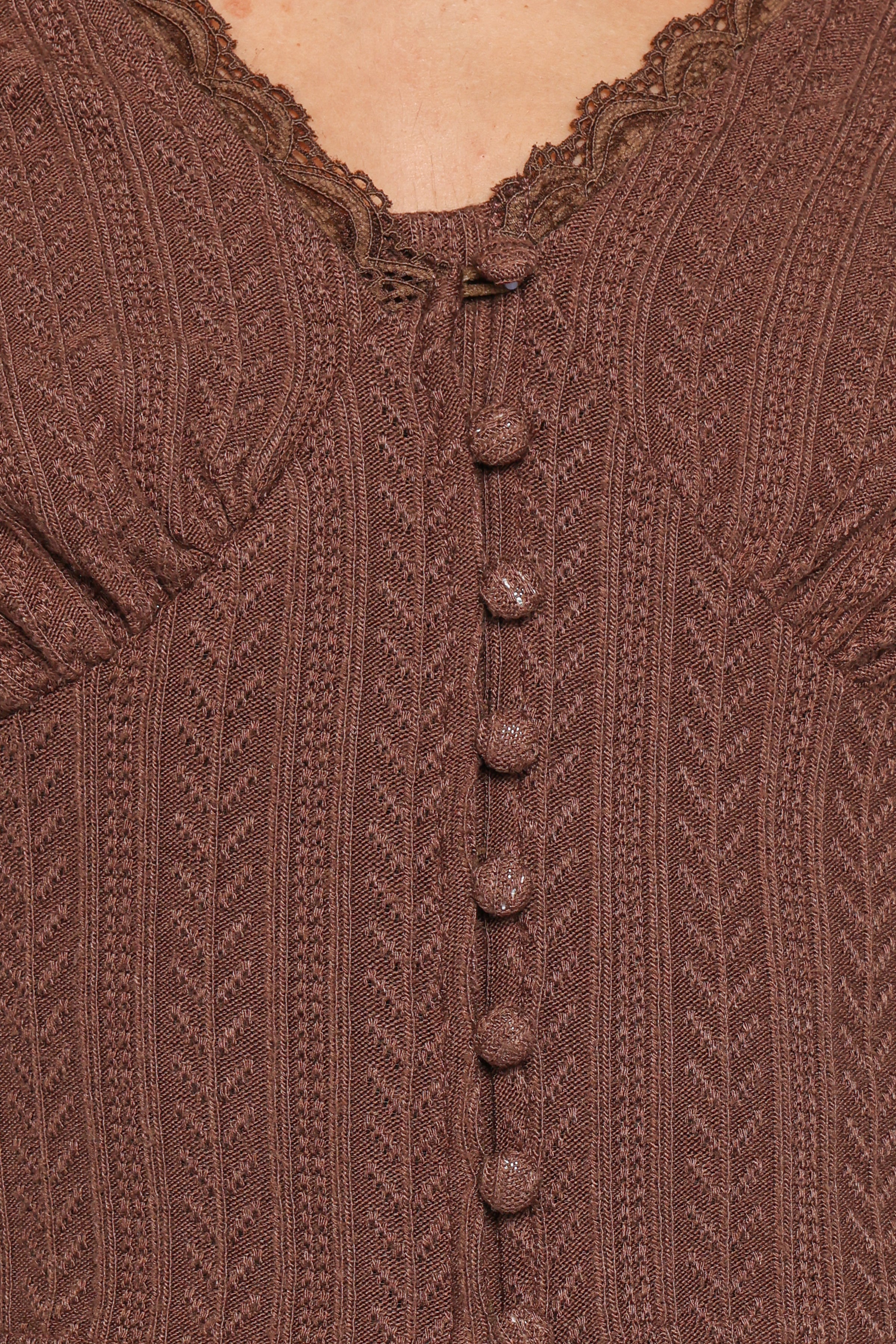 Leslie Long Sleeve Textured Button Front Top - Chocolate