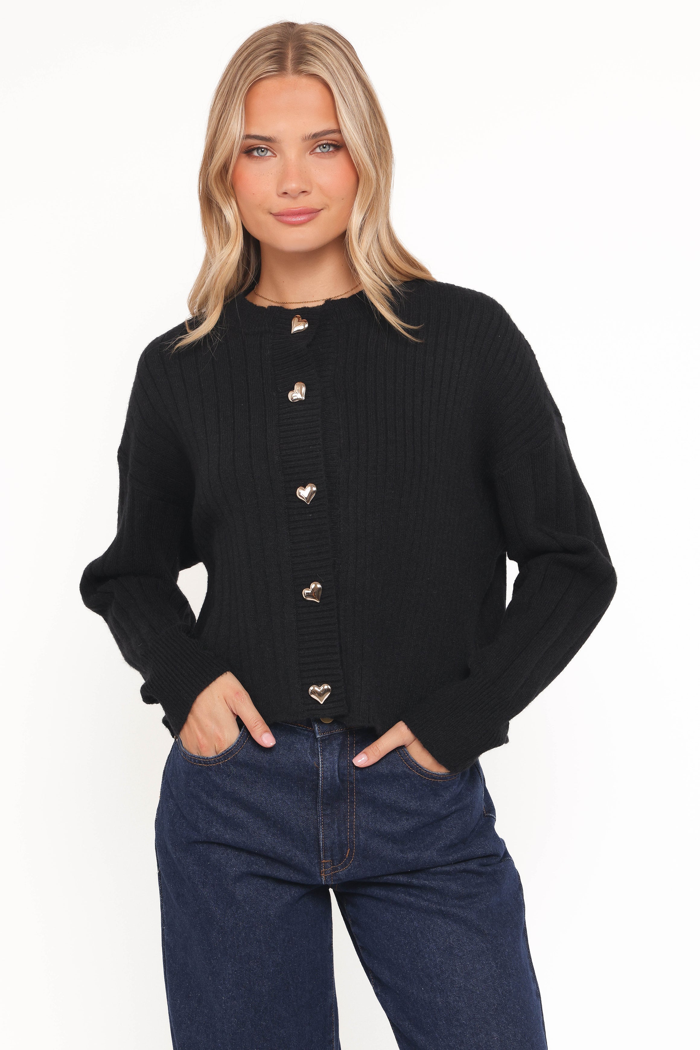 Loulani Heart Button Cardigan - Black