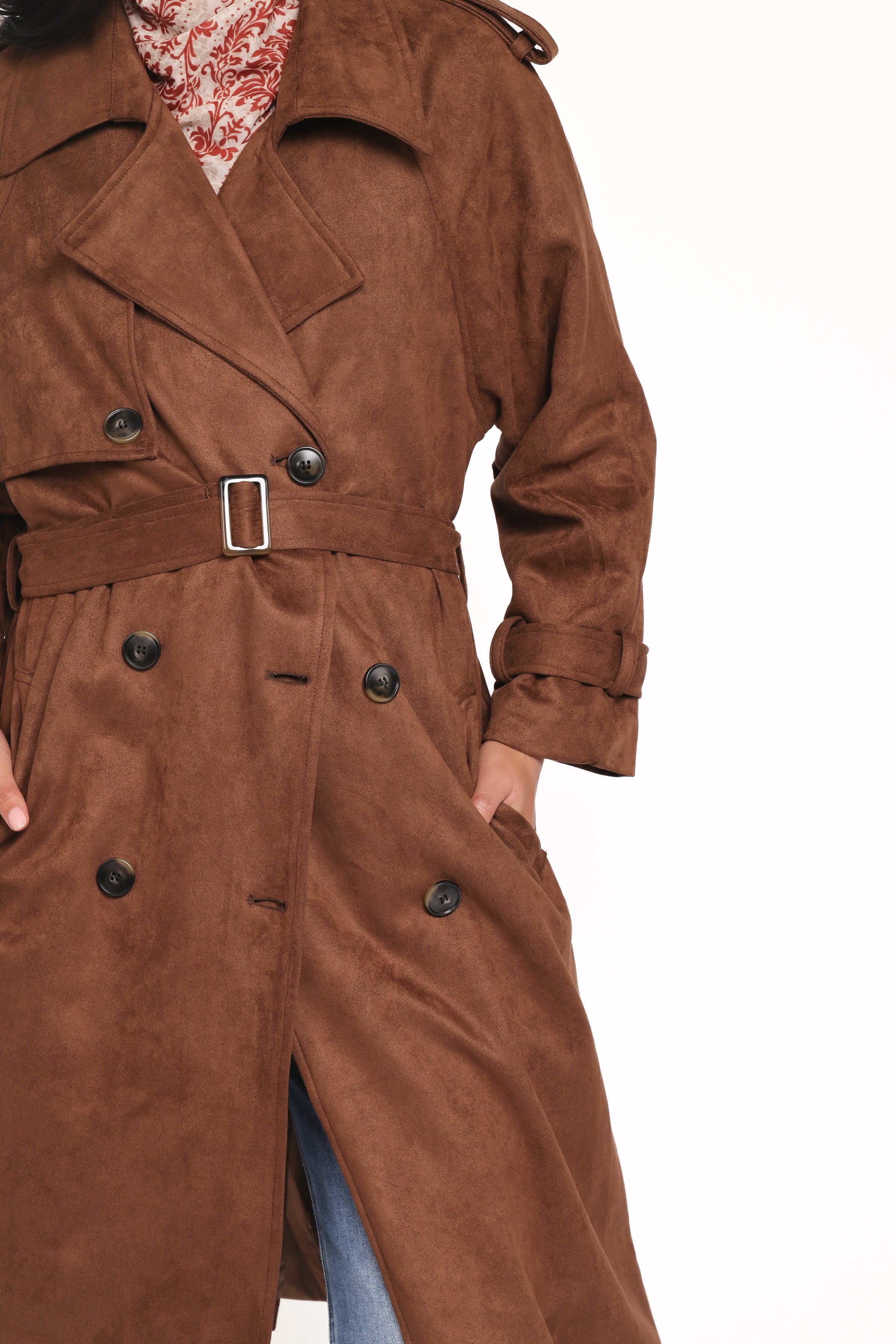 Micha Faux Suede Trench Coat - Brown
