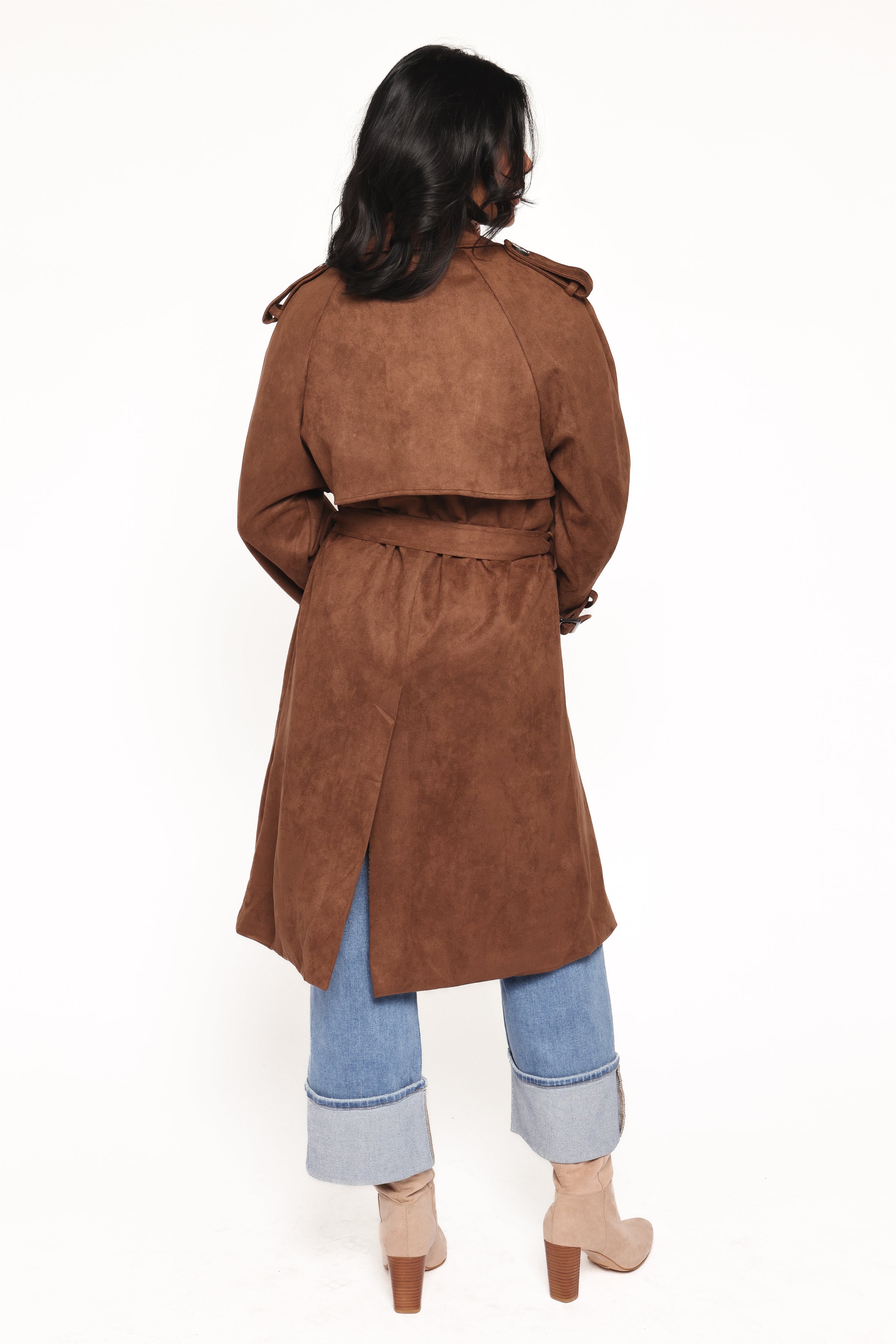 Micha Faux Suede Trench Coat - Brown