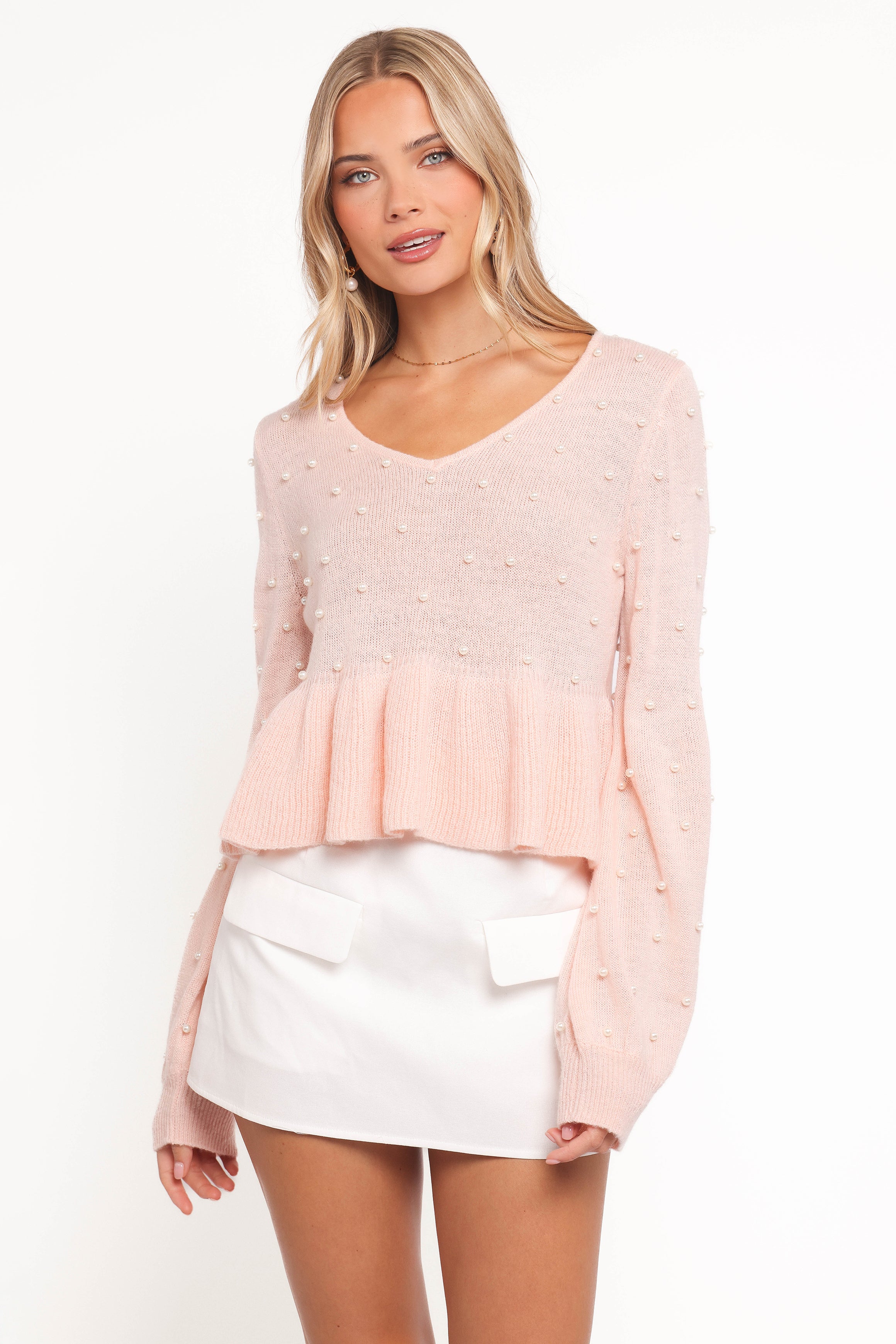 Molly Pearl Peplum Knit Sweater - Light Pink