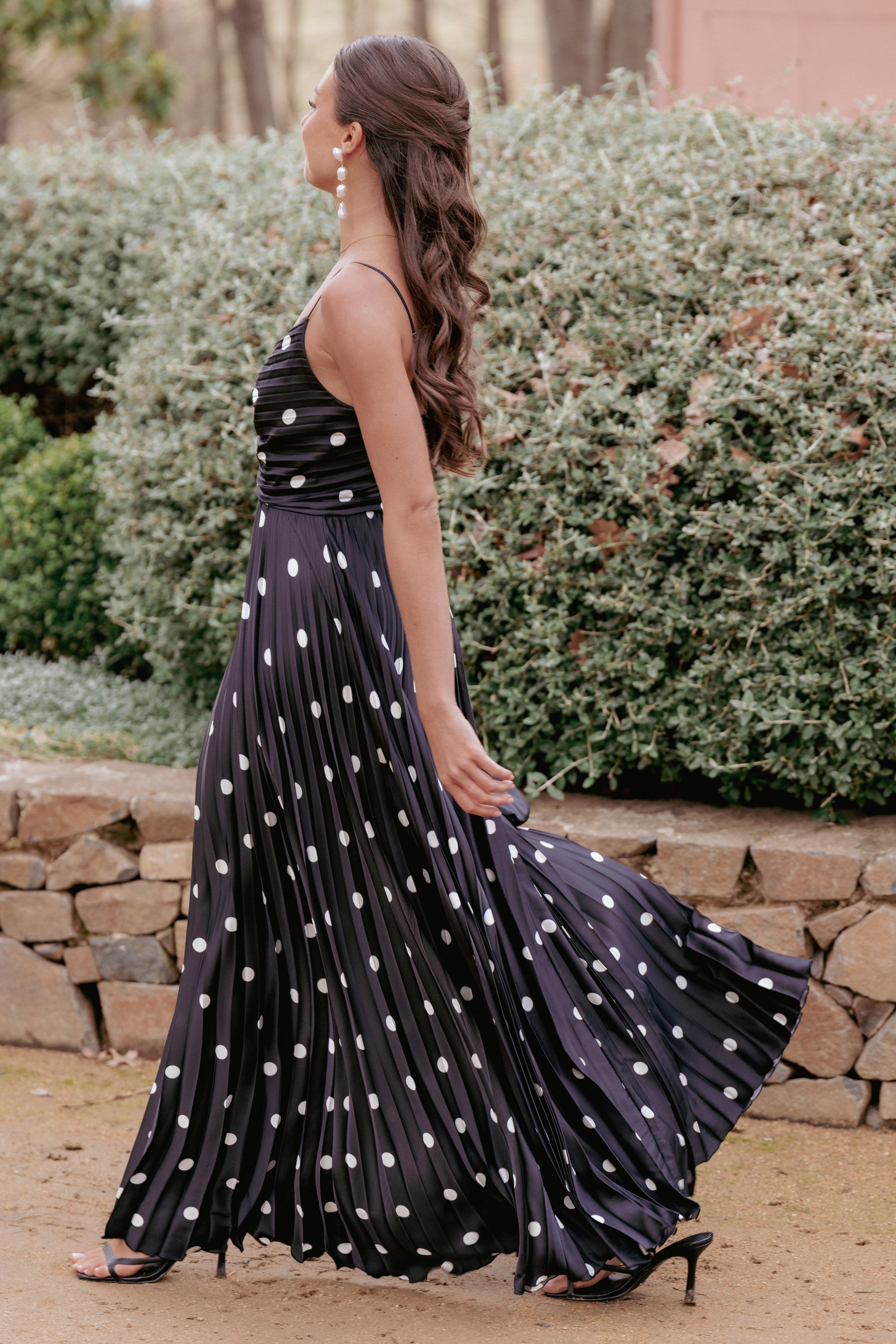 Naira Pleated Maxi Dress - Black Polka Dot
