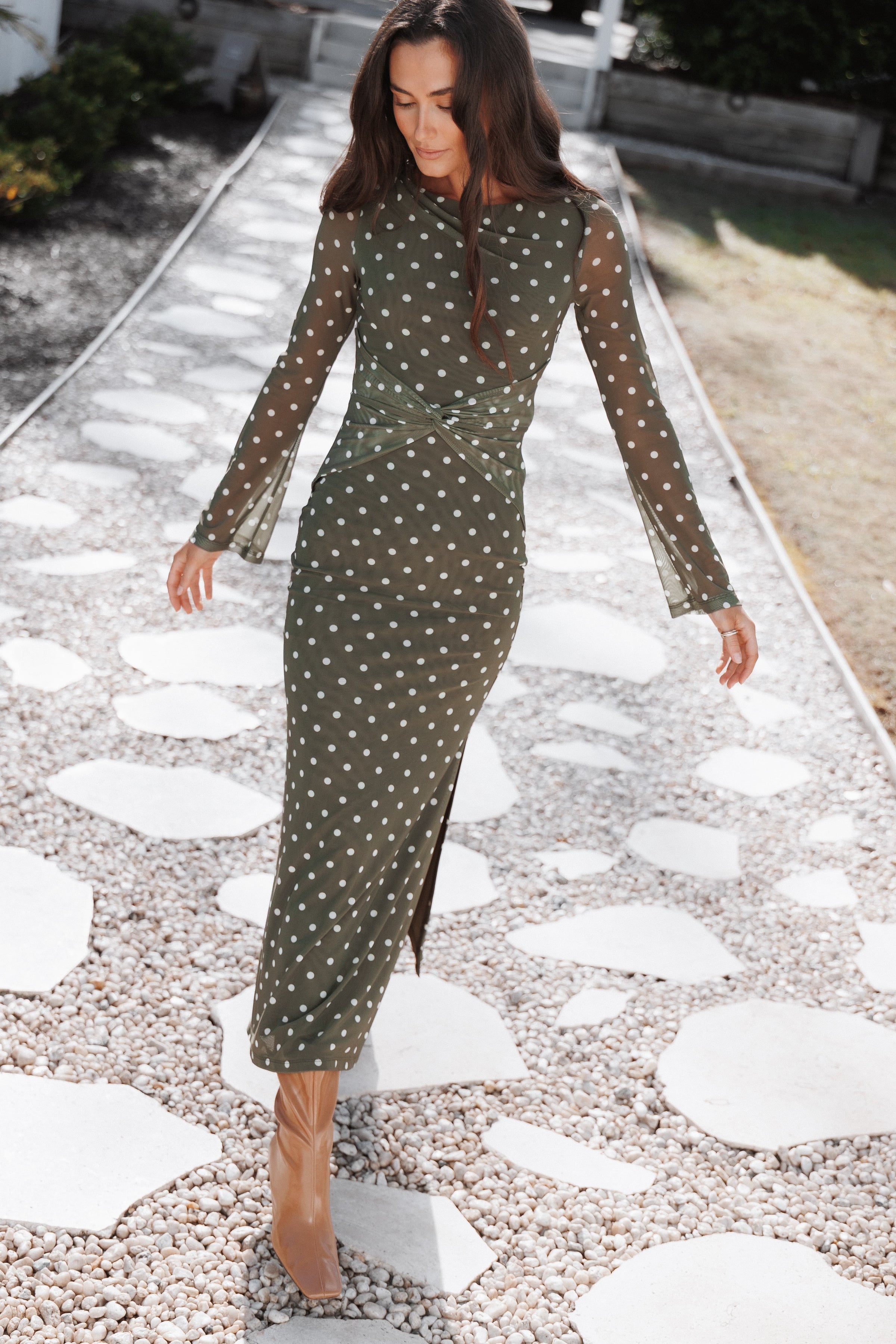 Nash Long Sleeve Dress - Olive Green Polka Dot