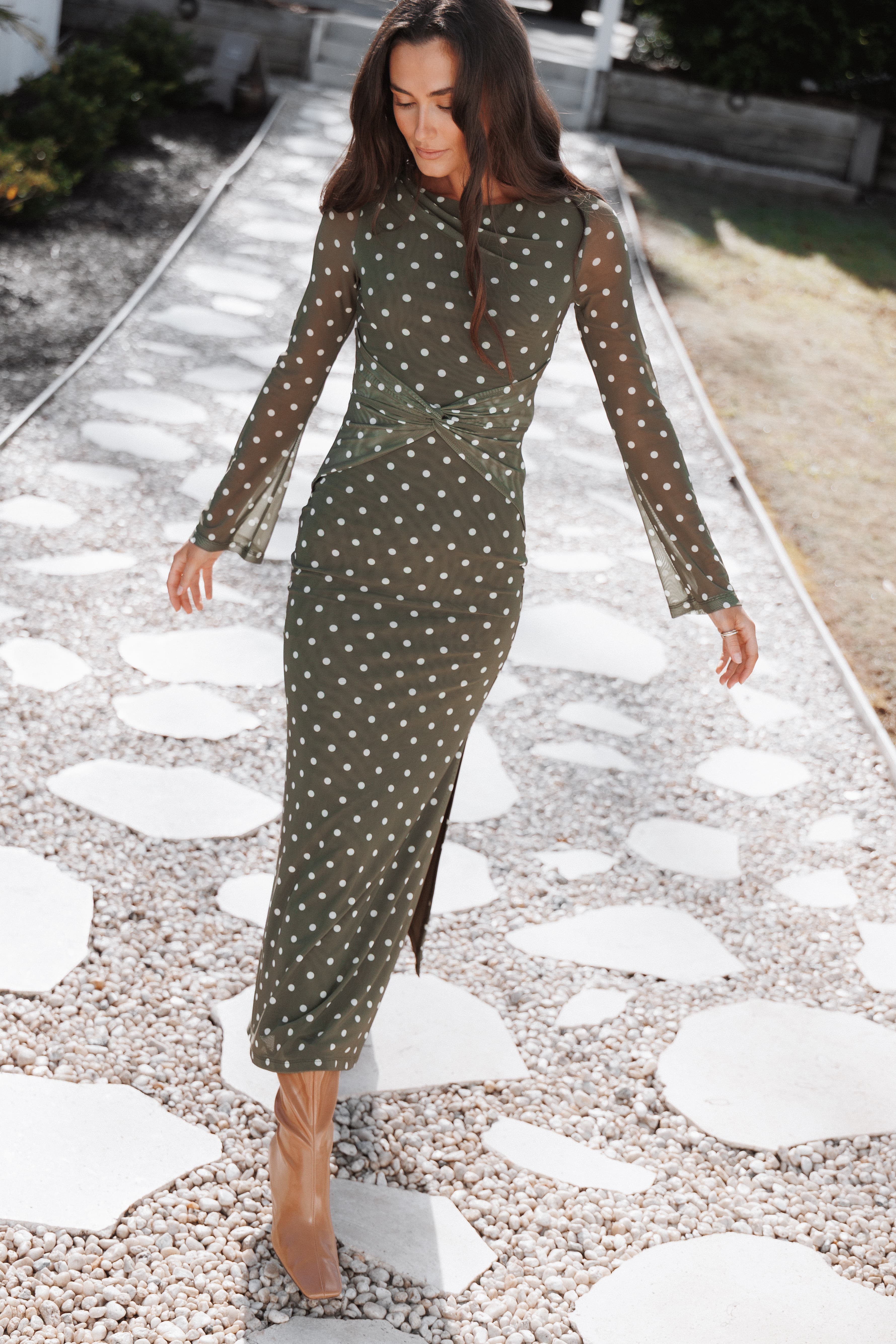 Nash Long Sleeve Dress - Olive Green Polka Dot