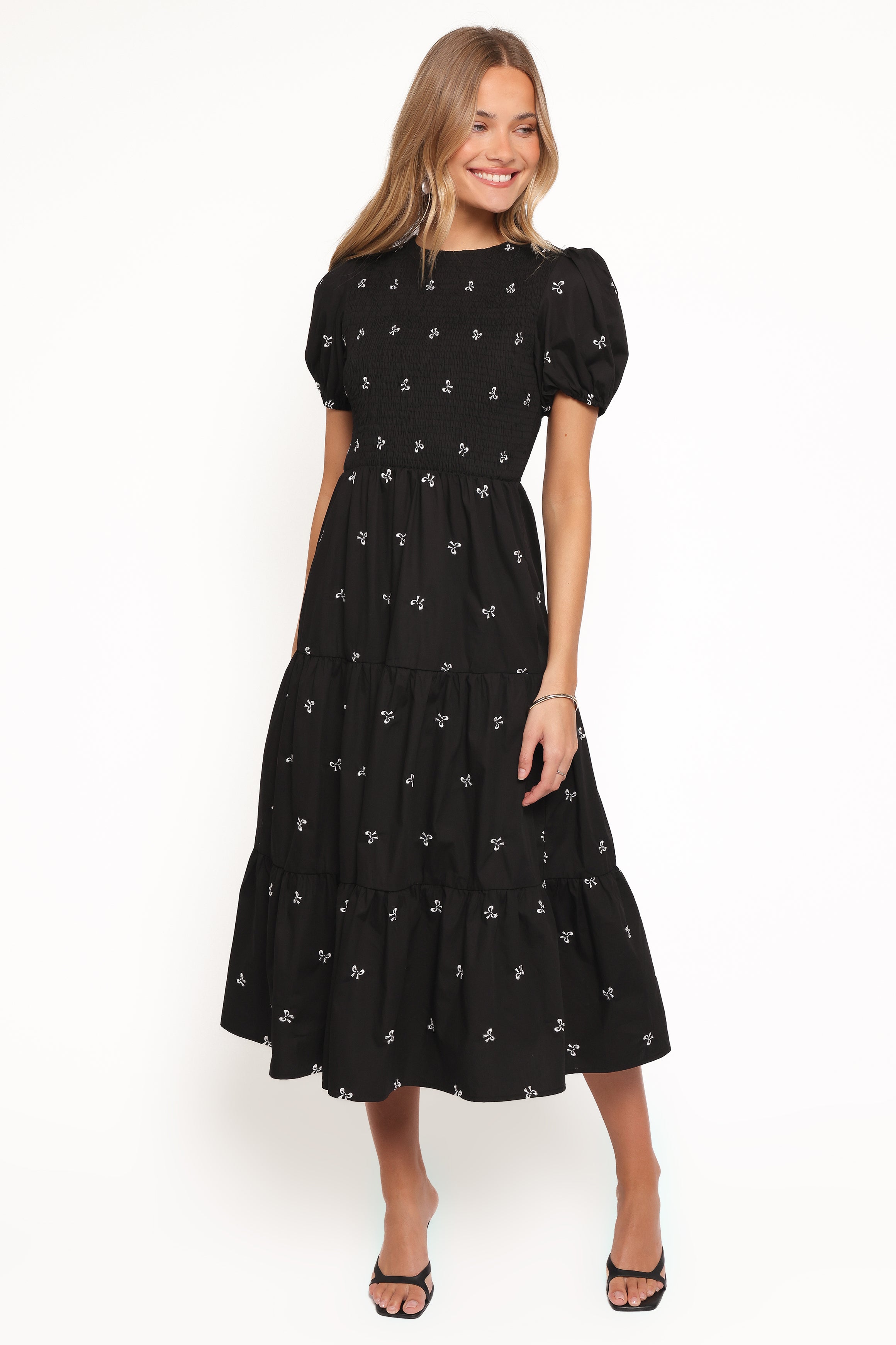 Naura Shirred Tiered Midi Dress - Black Bow