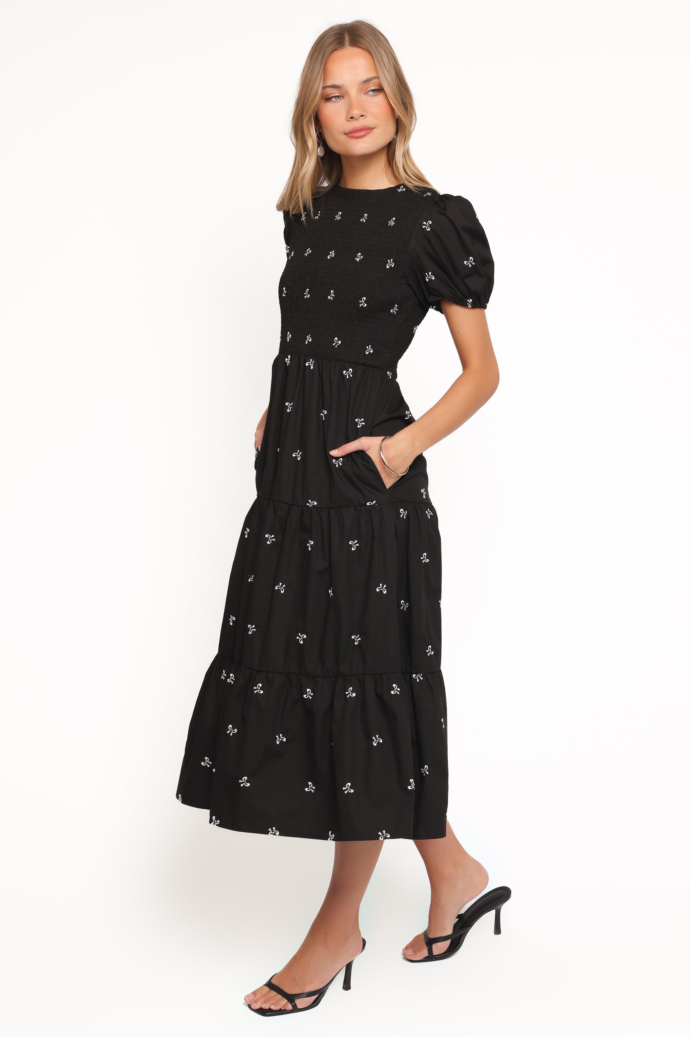 Naura Shirred Tiered Midi Dress - Black Bow