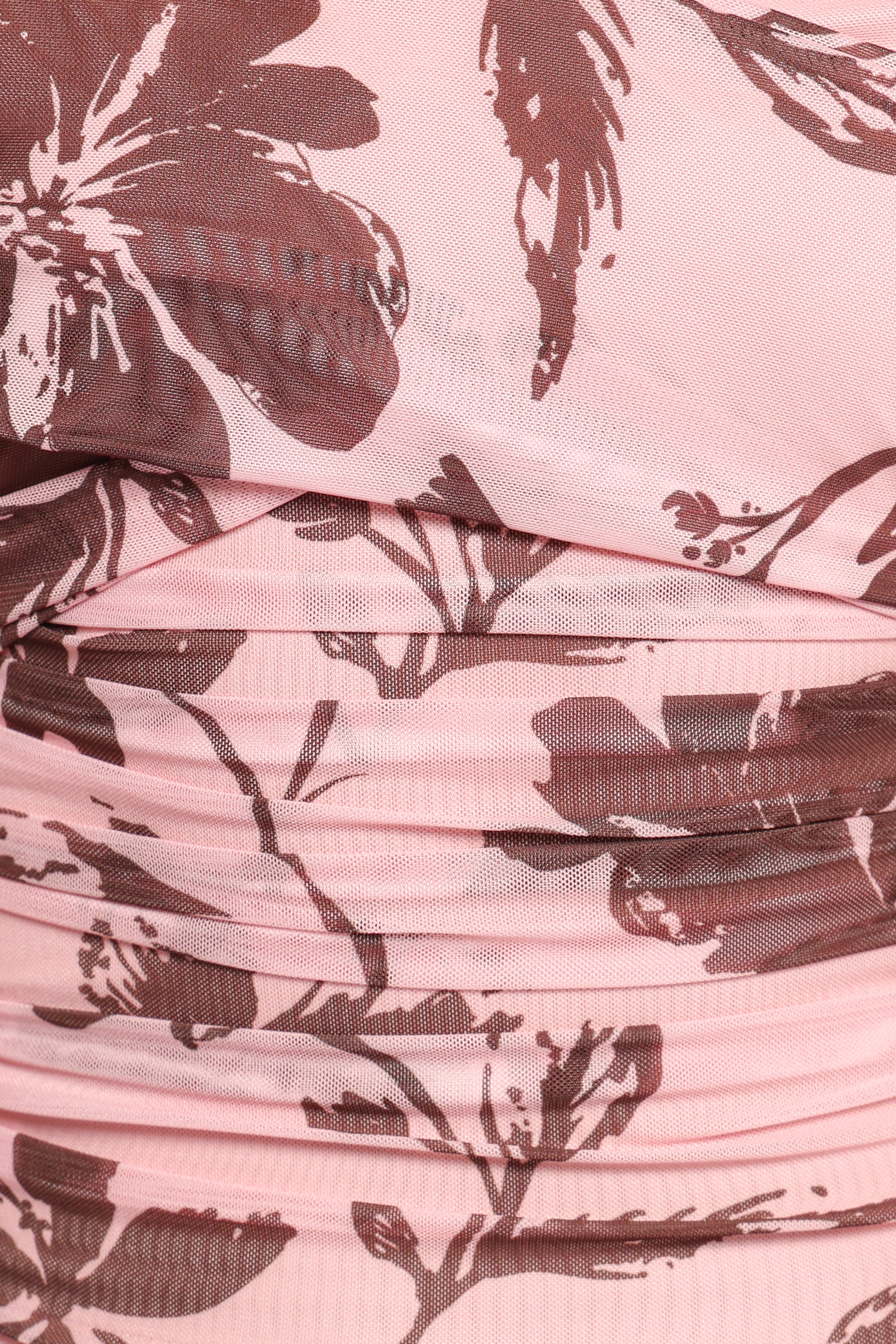 Navida Off Shoulder Mesh Top - Pink Brown Floral