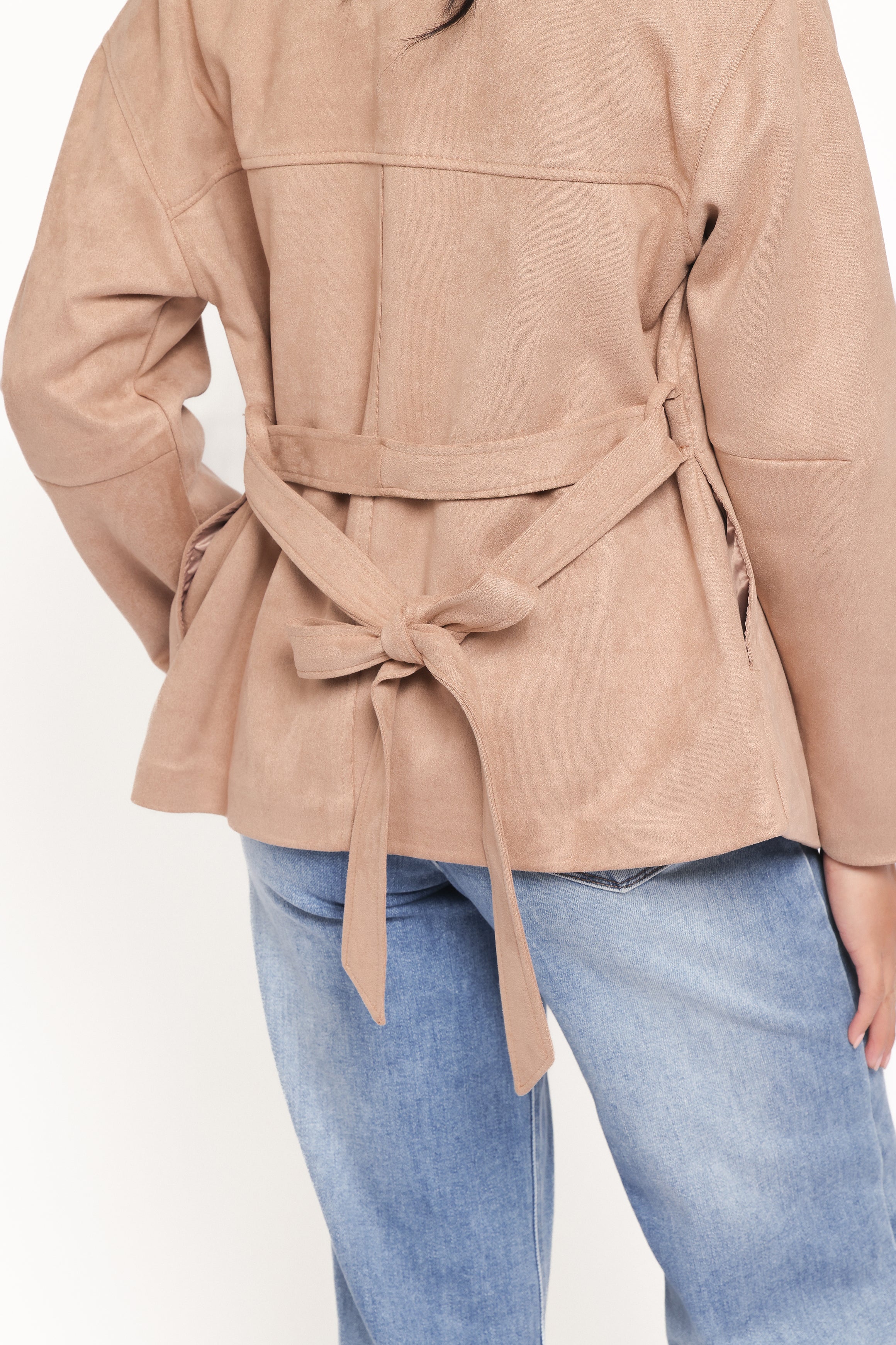Nelly Faux Suede Cropped Trench Coat - Mushroom